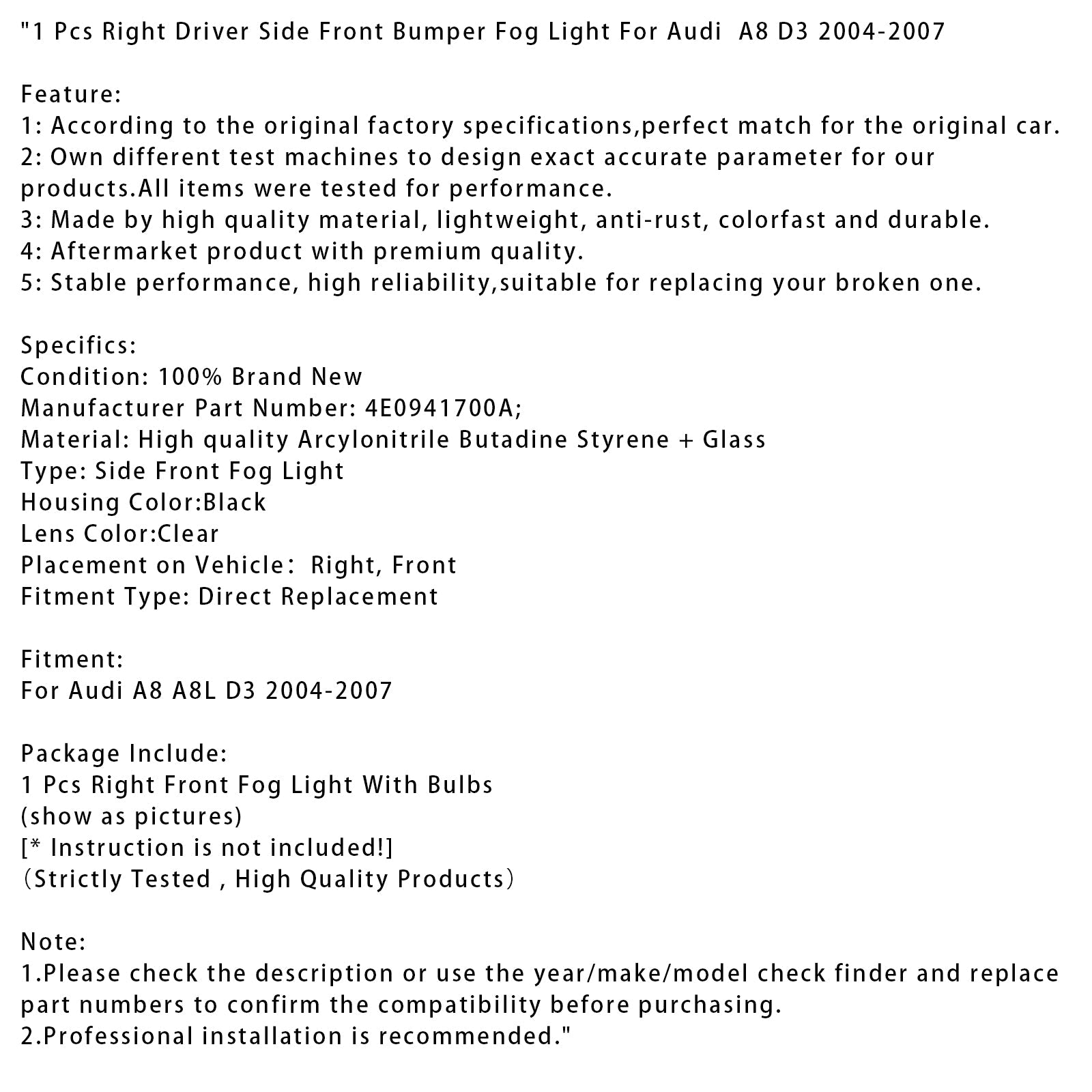 Fire Fog Light antes del lado del conductor para Audi A8 D3 2004-2007