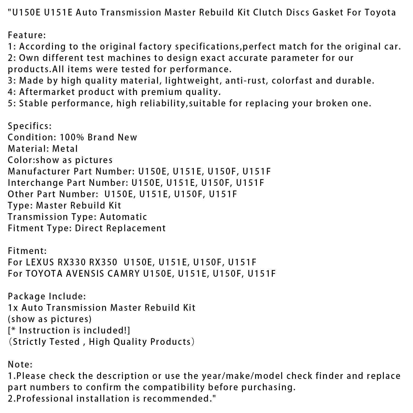 Kit de reconstruction de transmission automatique avec joints de disques d'embrayage pour LEXUS RX330, RX350 U150E, U151E, U150F, U151F