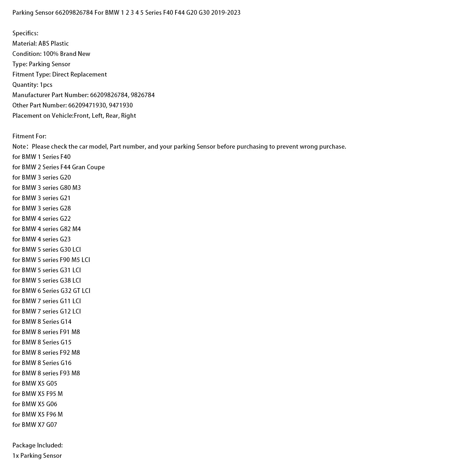 Capteur de stationnement 66209826784 pour BMW Série 1, 2, 3, 4 et 5 F40 F44 G20 G30 (2019-2023)