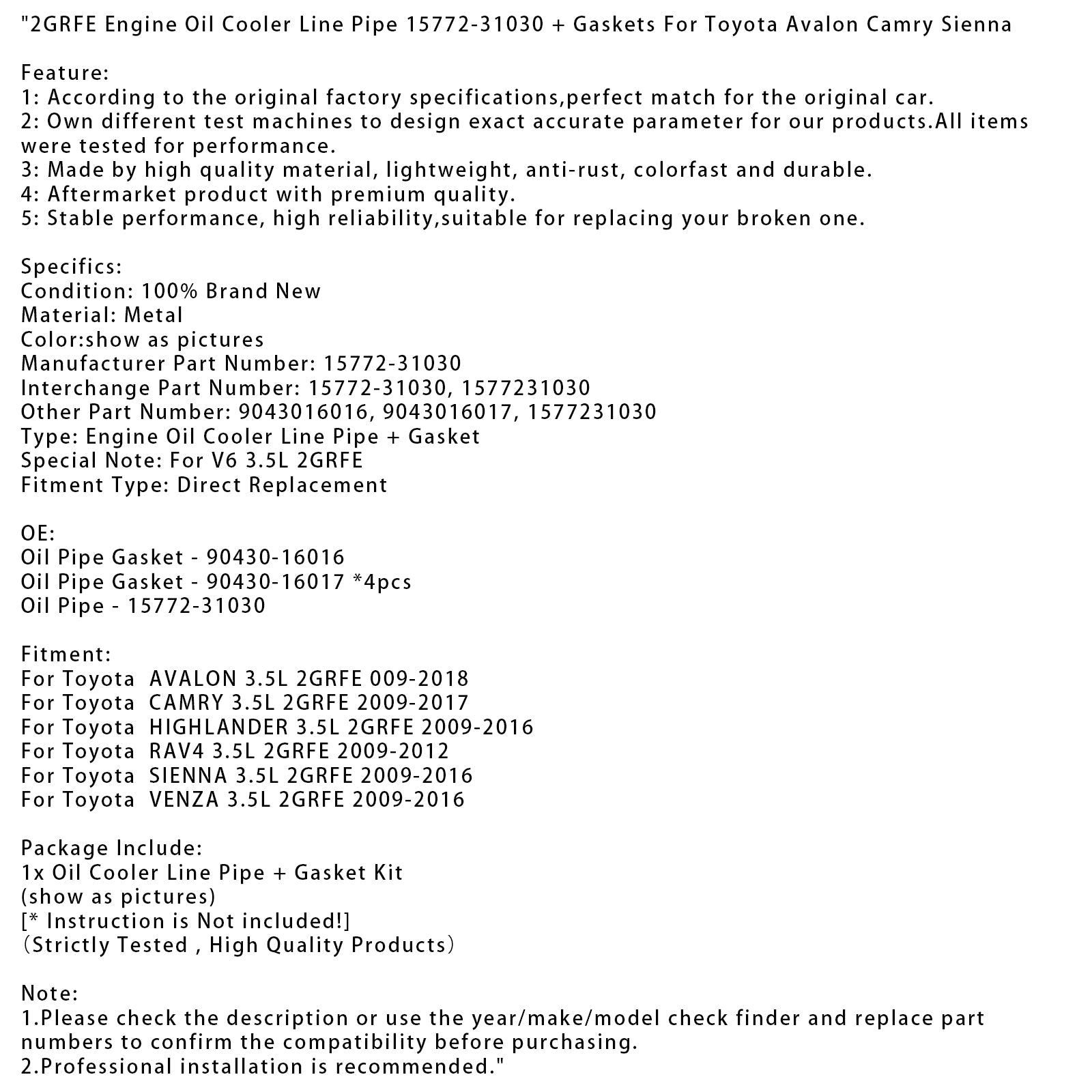 2GRFE moottoriöljyn jäähdytin letku 15772-31030 + tiivisteet Toyota Avalon Camrylle
