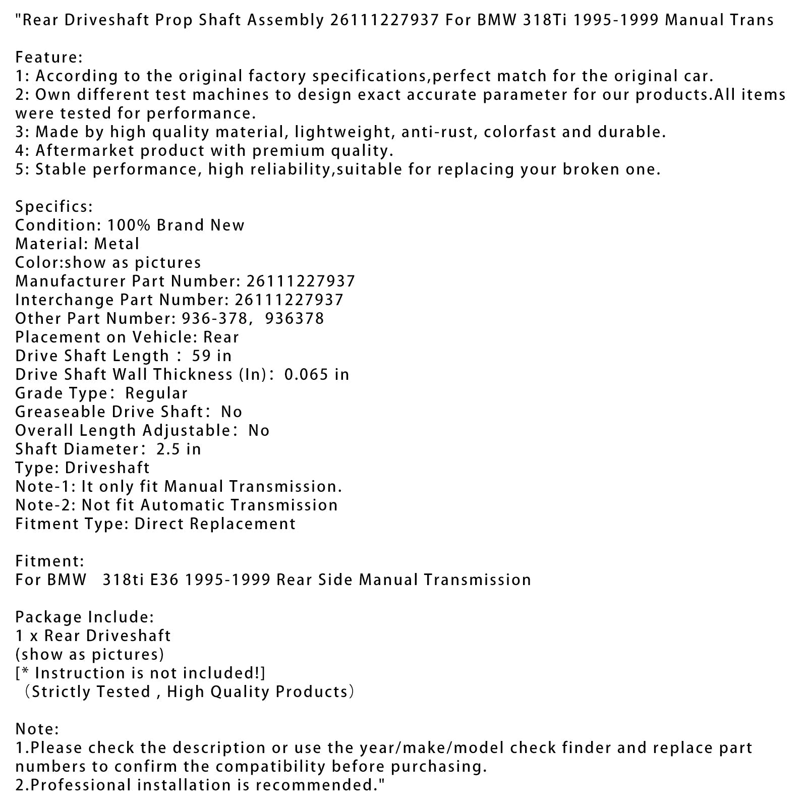Arbre de transmission arrière pour BMW 318ti E36 (1995-1999), transmission manuelle, arbre d'hélice arrière, assemblage 26111227937