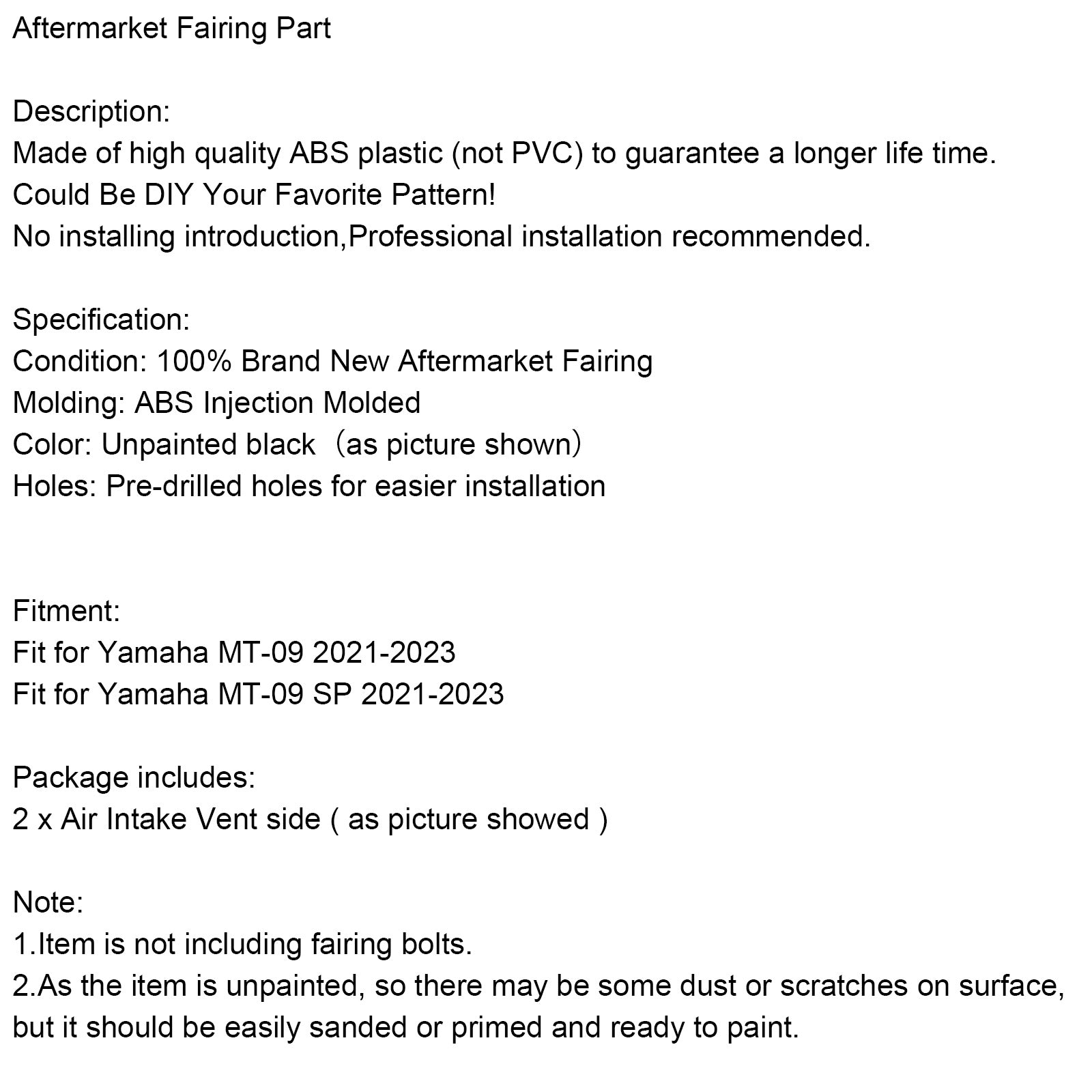 Carénage latéral d'admission d'air non peint pour Yamaha MT-09 / MT-09 SP 2021-2023
