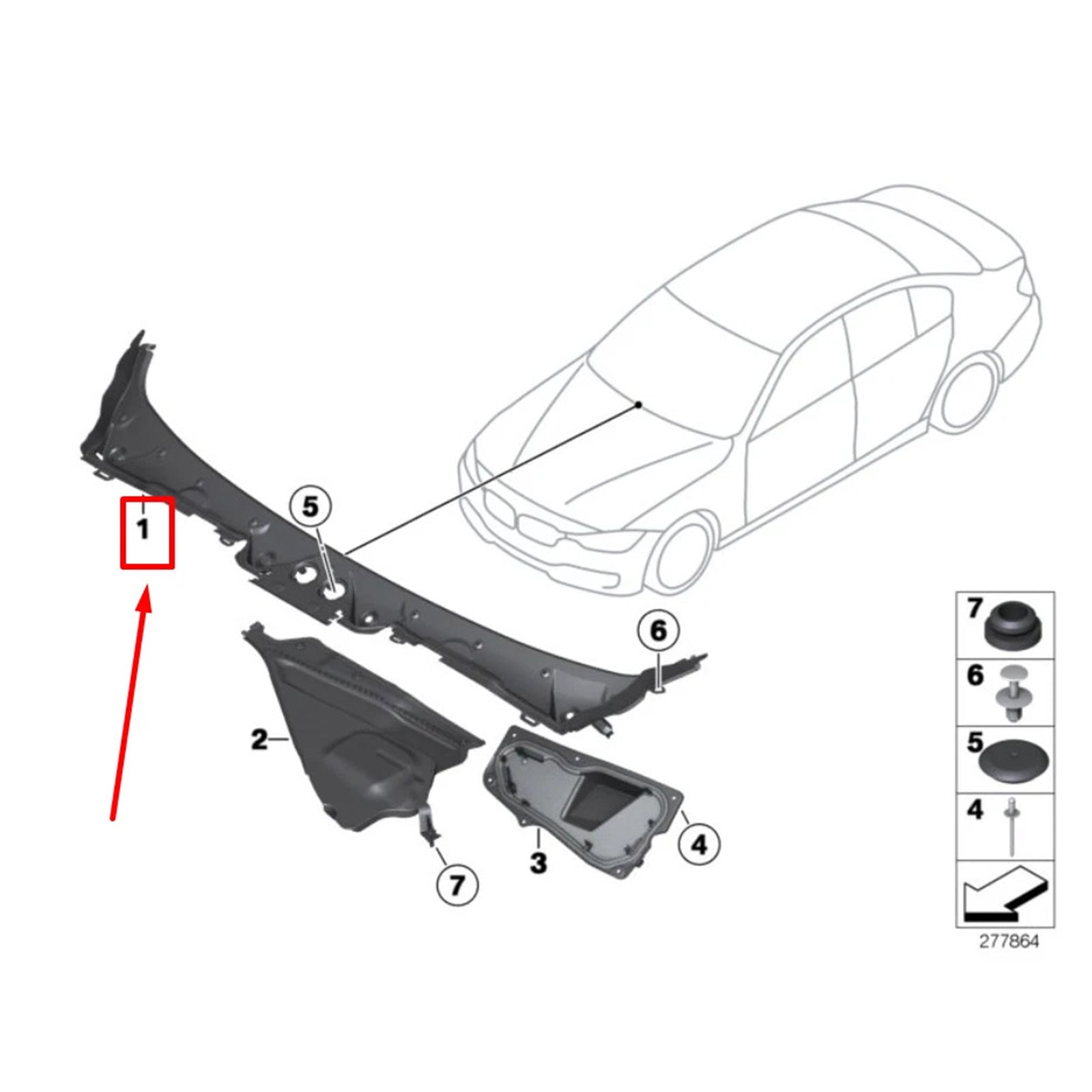 Garniture de cache d'essuie-glace avant pour BMW Série 3 GT F34 (2014-2019) - Référence : 51717285941
