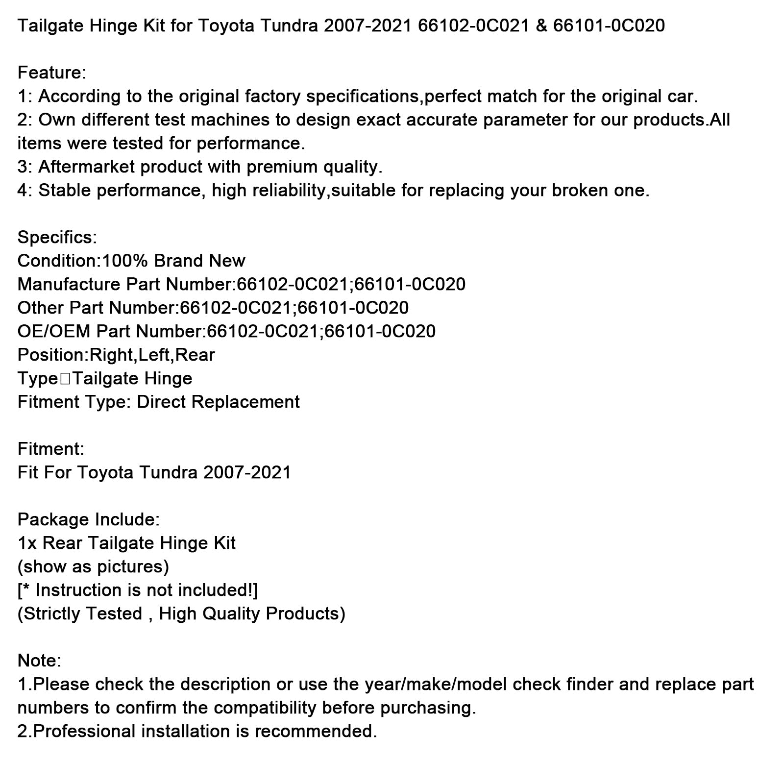 Kit de charnières de hayon pour Toyota Tundra 2007-2021, références 66102-0C021 et 66101-0C020