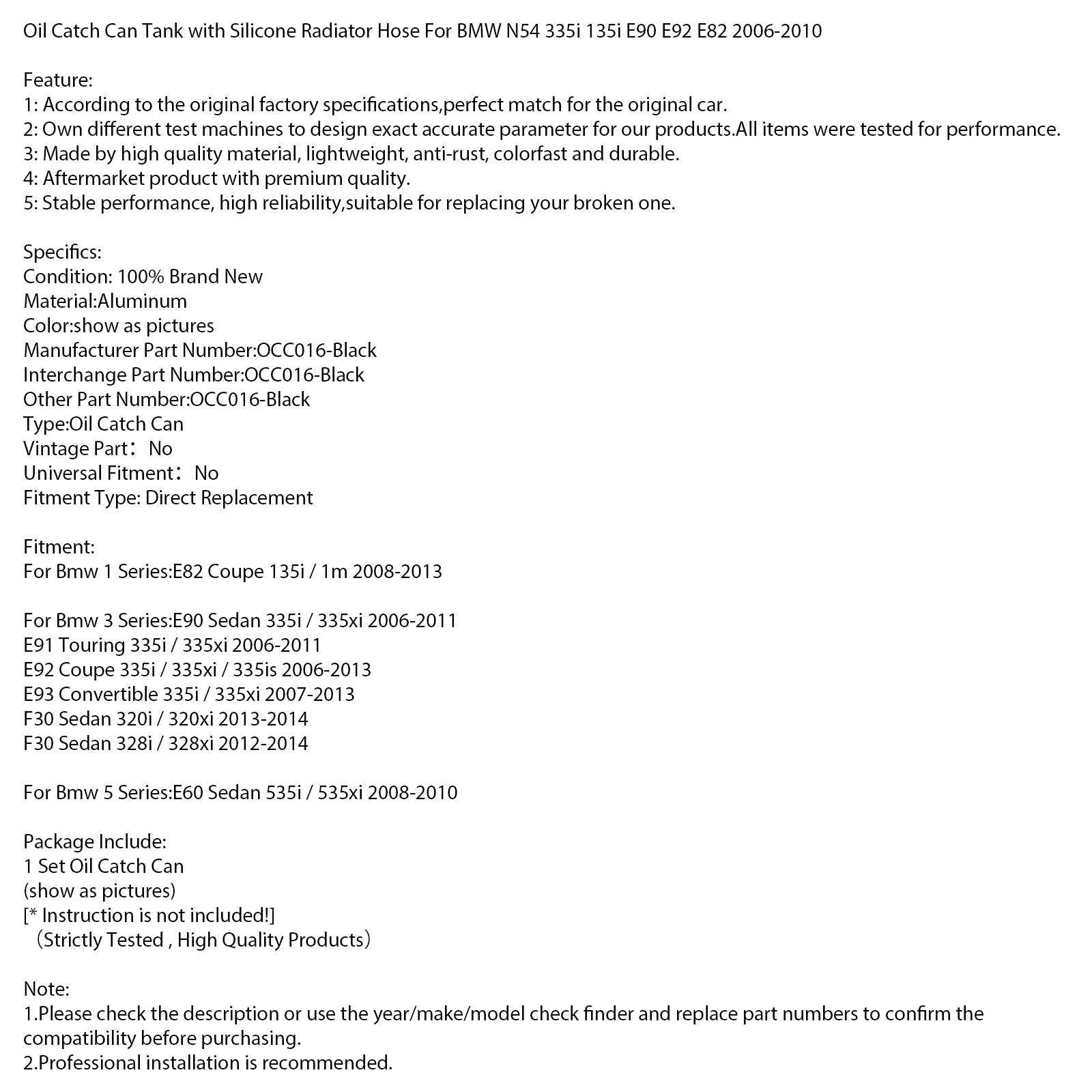 Réservoir de récupération d'huile avec durite de radiateur en silicone pour BMW N54 335i E90 2006-2010