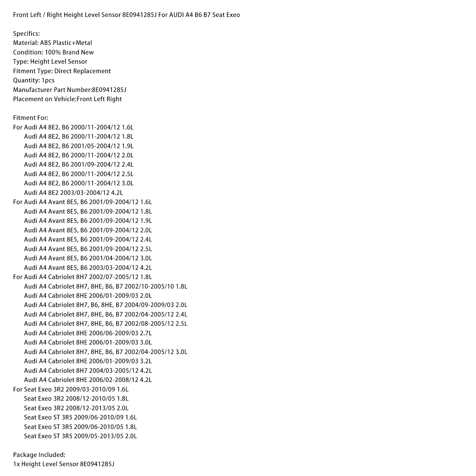 Capteur de niveau avant gauche/droite 8E0941285J pour AUDI A4 B6 B7 et Seat Exeo