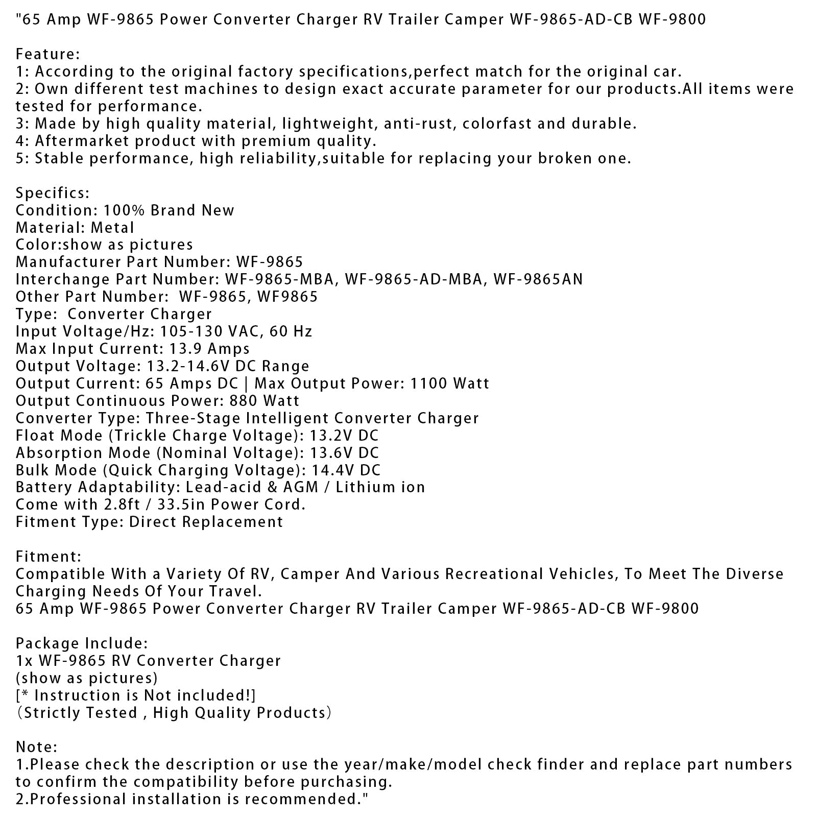 65A Stroomomvormer WF-9865 Oplader voor camper caravan WF-9865-AD-CB WF-9800