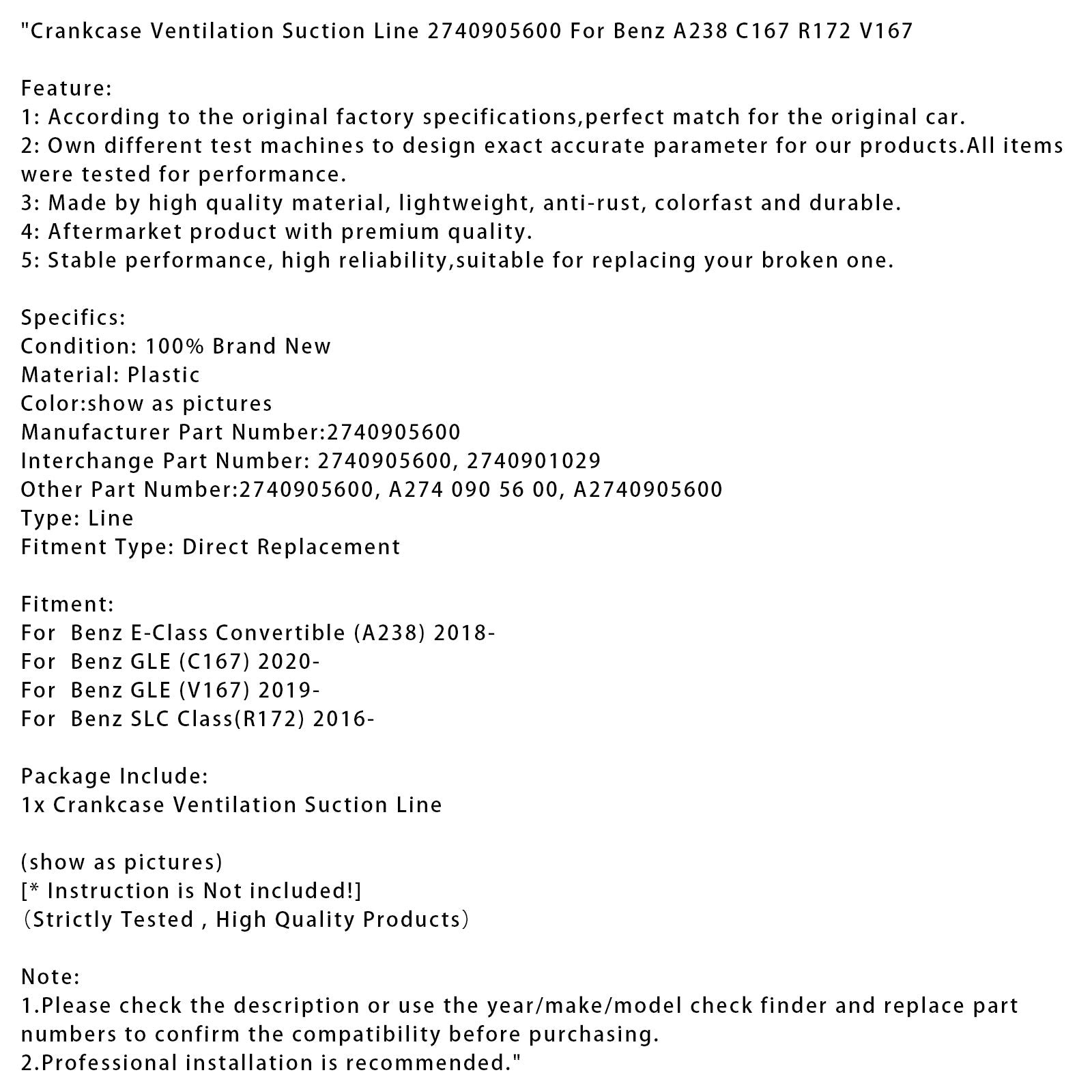 Tubo di aspirazione per ventilazione basamento per Mercedes-Benz GLE (C167) dal 2020, codice articolo 2740905600