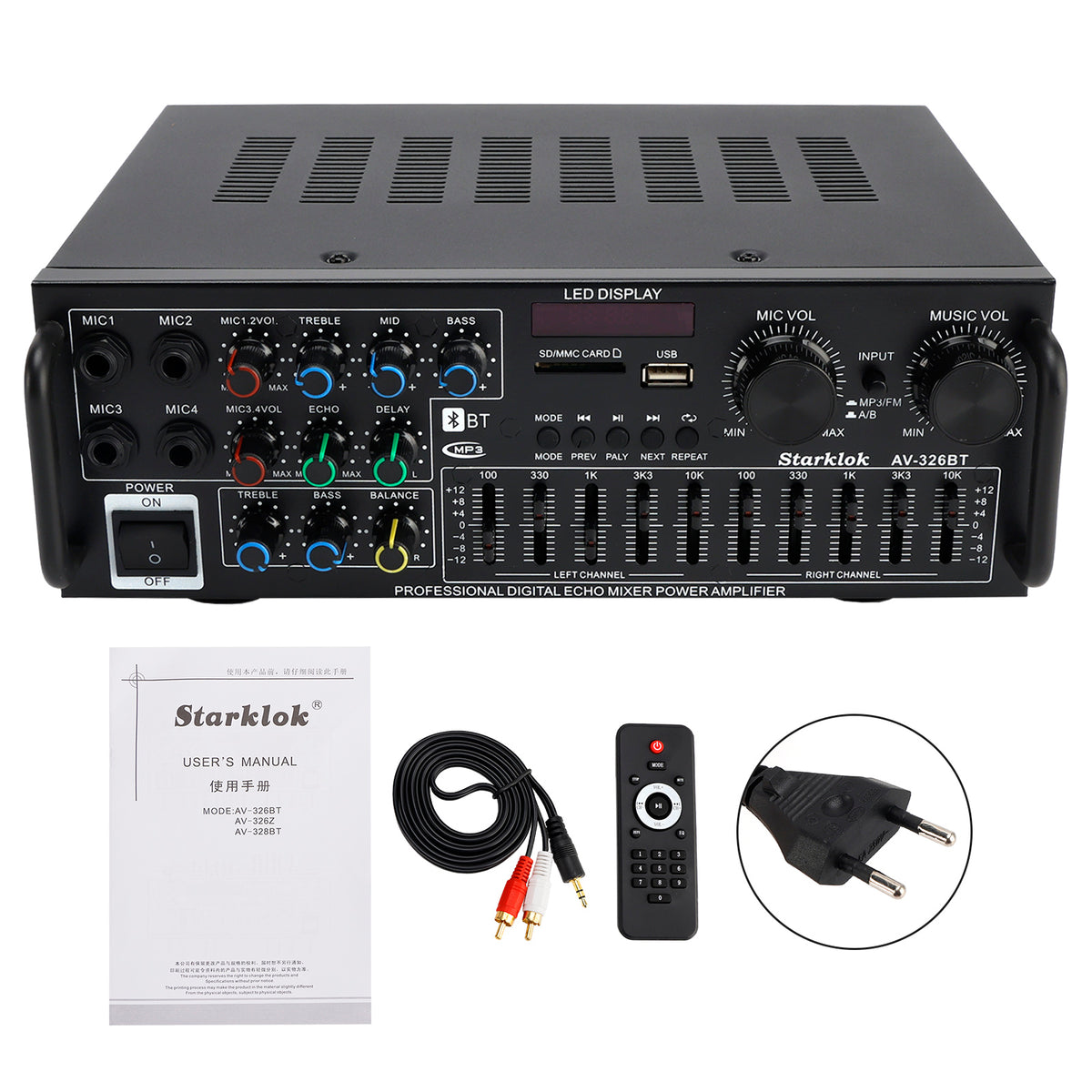 Bluetooth 5.4 HiFi 2500W Peak stéréo Power Amplificateur Karaoké FM USB EQ Mixer