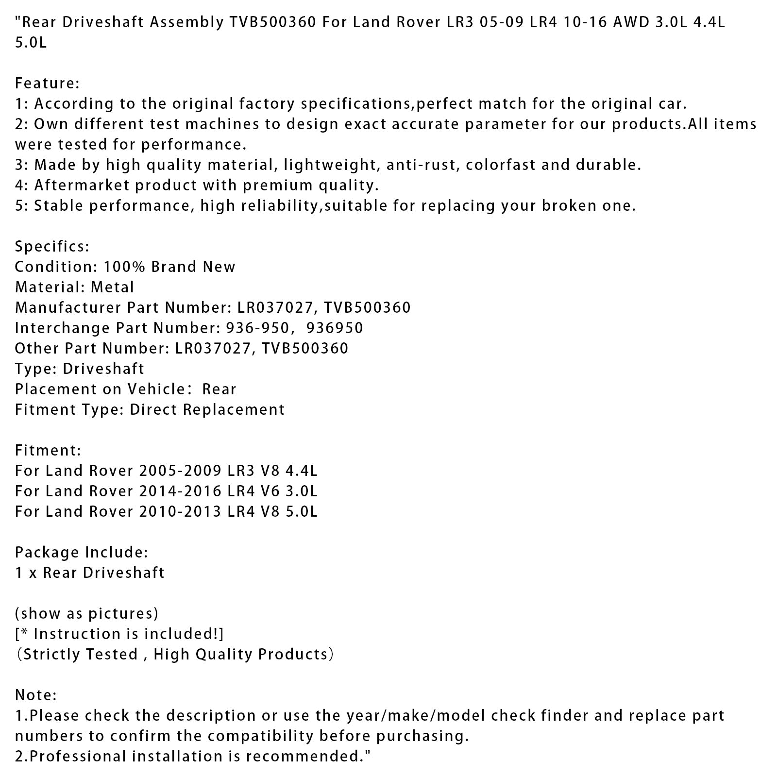 Arbre de transmission arrière TVB500360 pour Land Rover LR3 V8 4,4 L 2005-2009