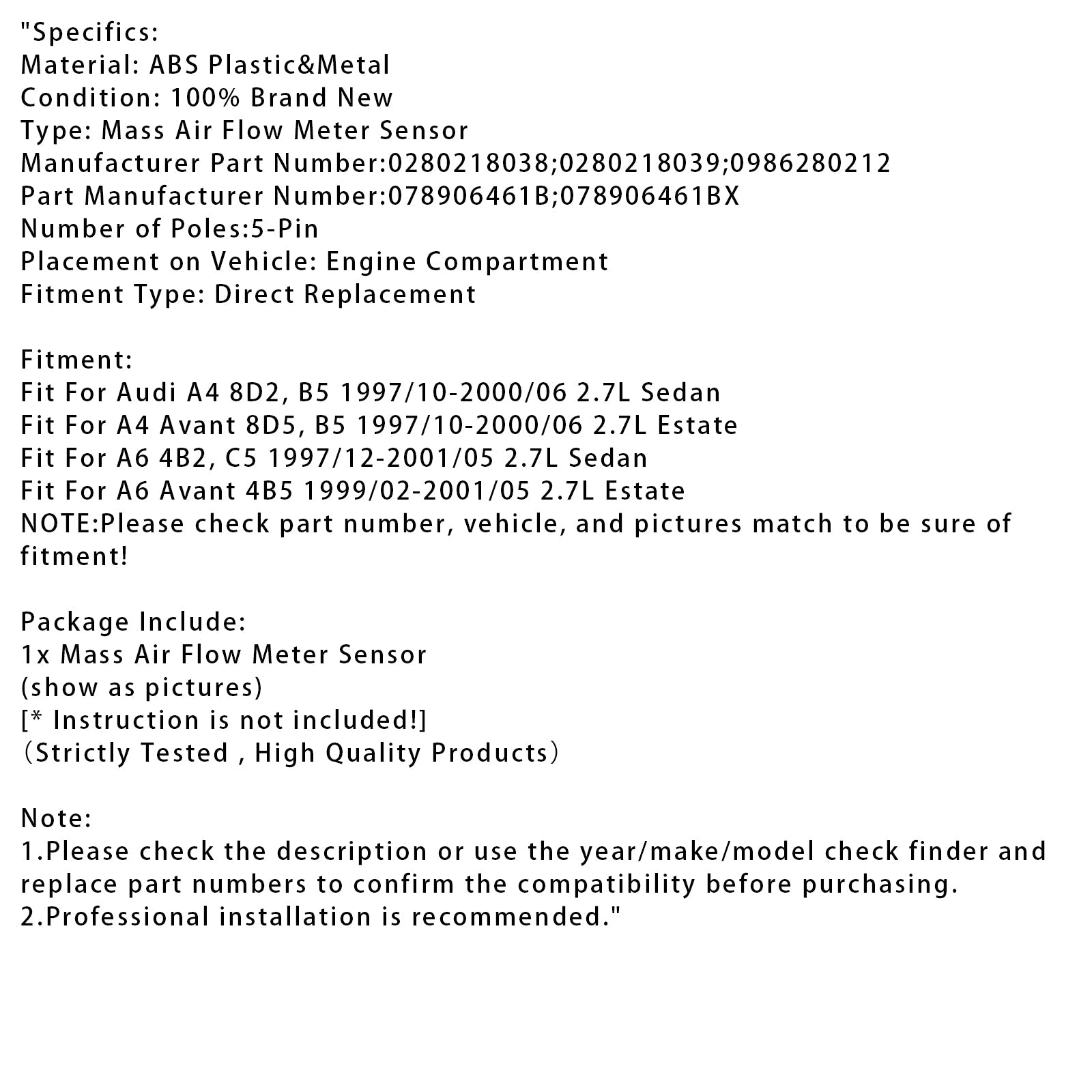 Sensor del medidor de flujo d'masa de aire para Audi A4 8D2 B5 A6 4B2 C5 2.7L 078906461B