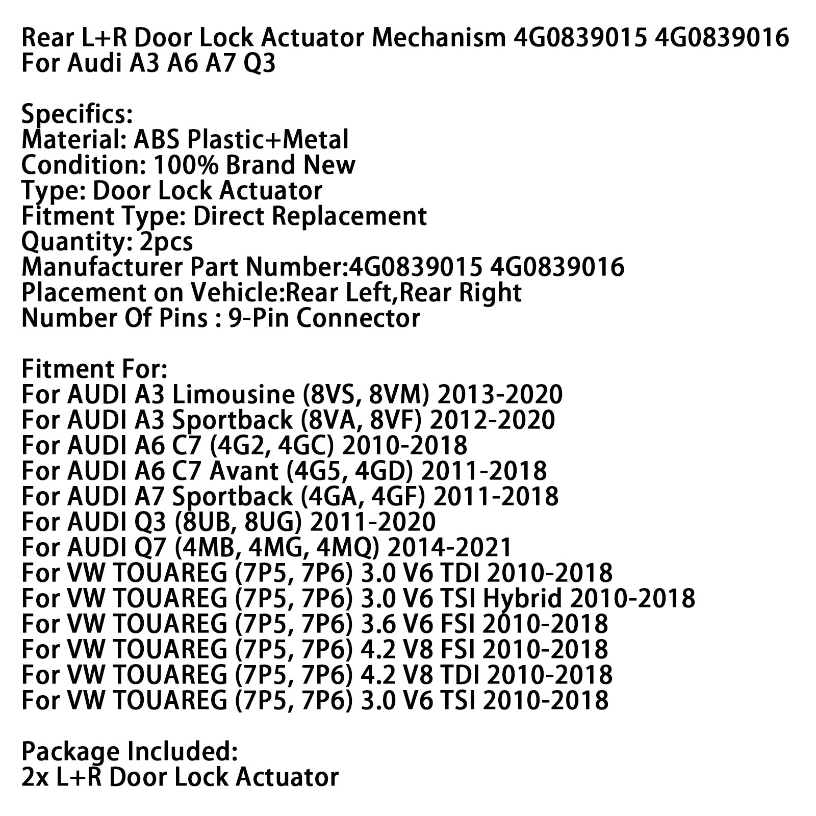 Zadnja vrata zaklepanje levega in desnega 4G0839015 4G0839016 za Audi A3 A6 A7 Q3