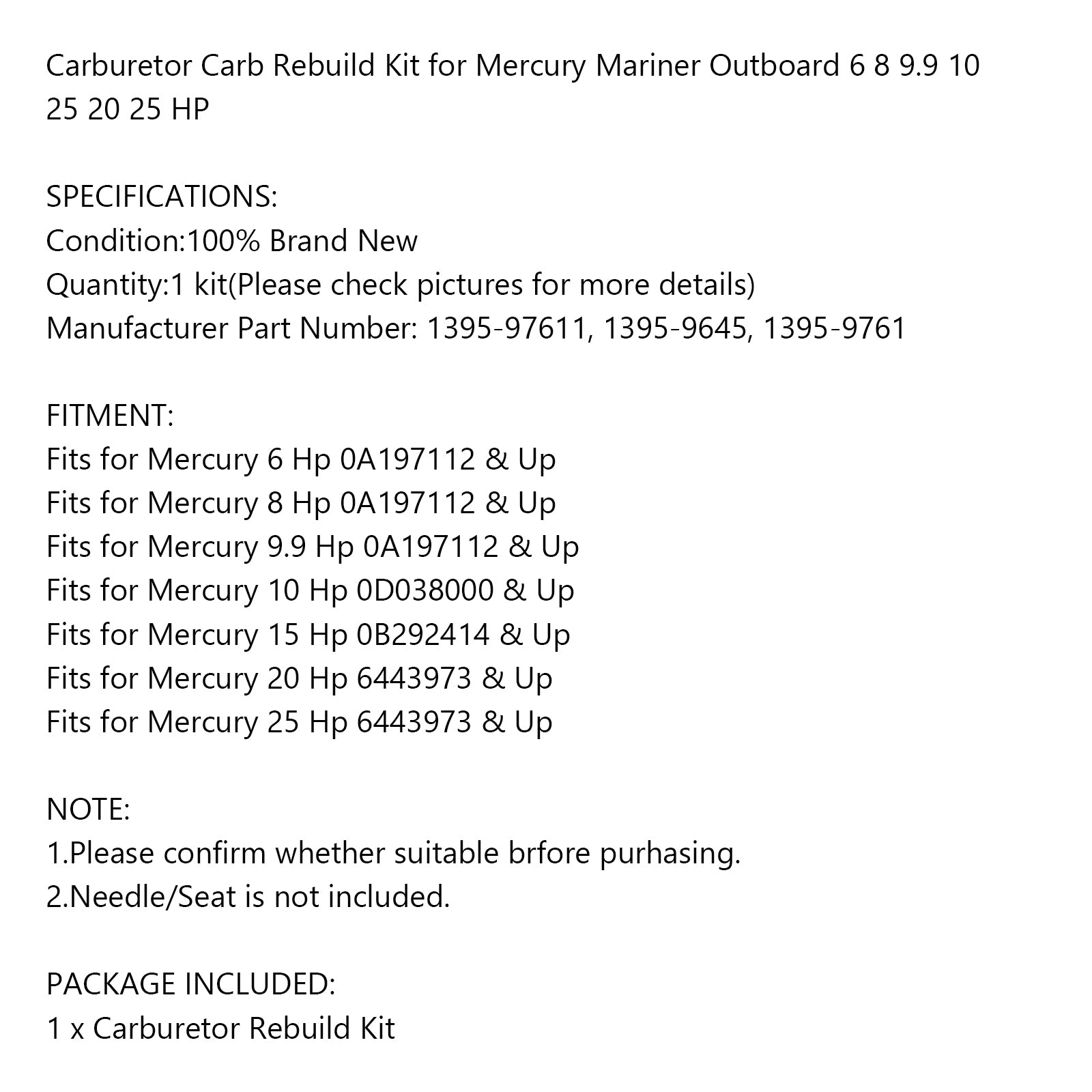 Kit de réparation carburateur pourMercury Mariner Outboard 6-25hp 1395-97611