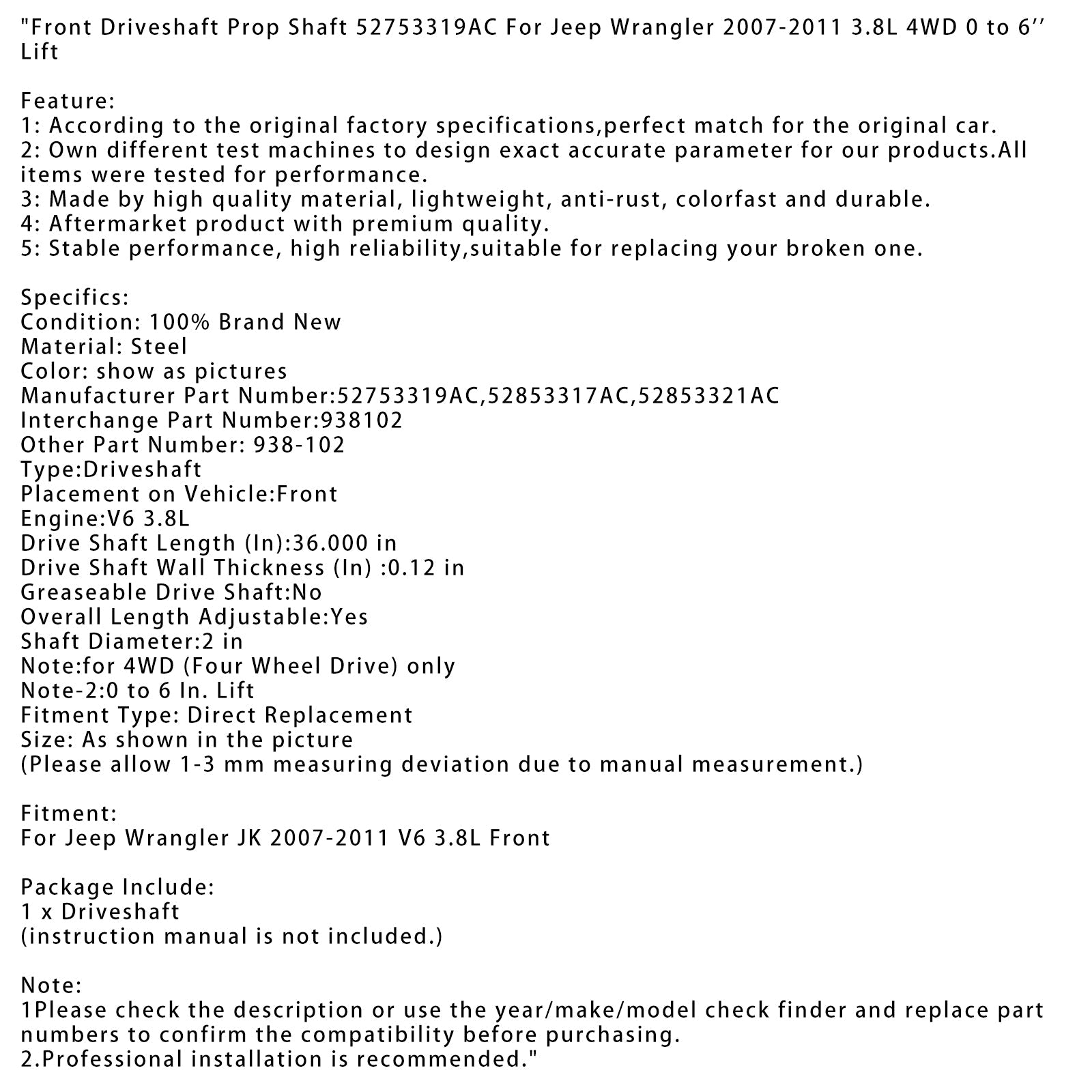 Drevo prenosa pred 52753319AC za Jeep Wrangler 3,8 L 4x4 2007-2011