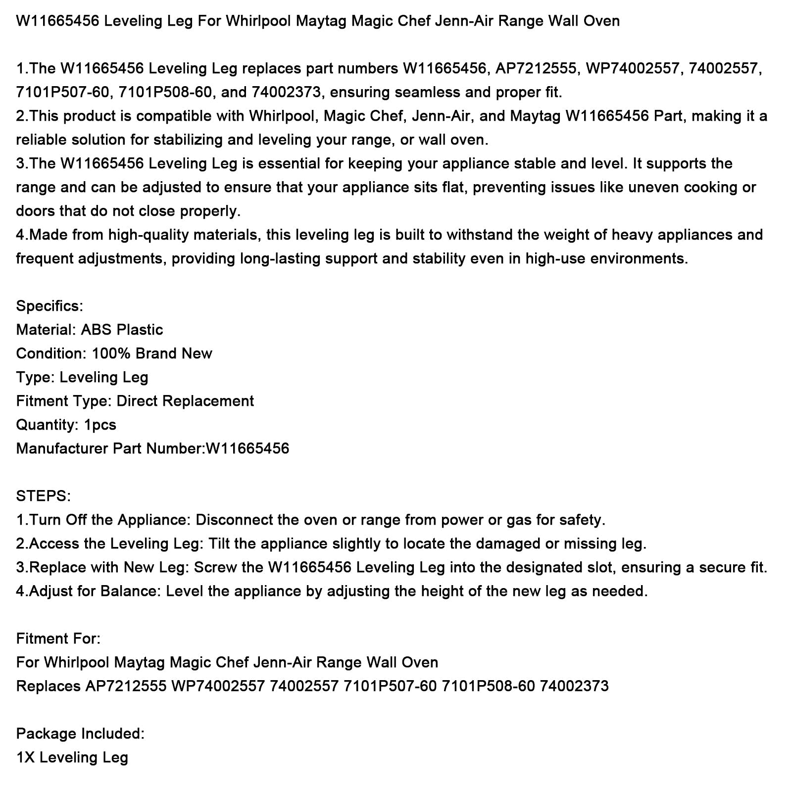 Piedino livellatore W11665456 per il forno a parete Maytag Magic Chef Jenn-Air