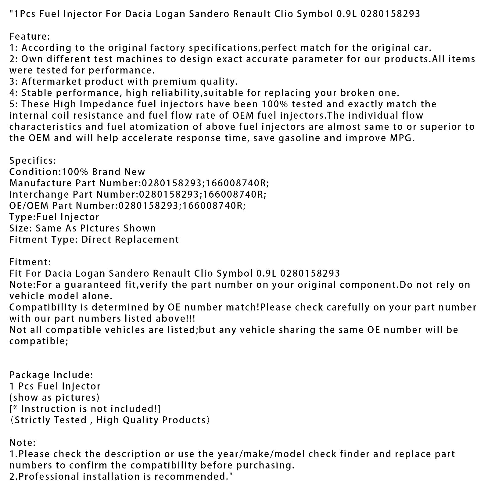 1x iniettore di carburante per Dacia Logan Sandero Renault Clio Symbol 0.9L 0280158293