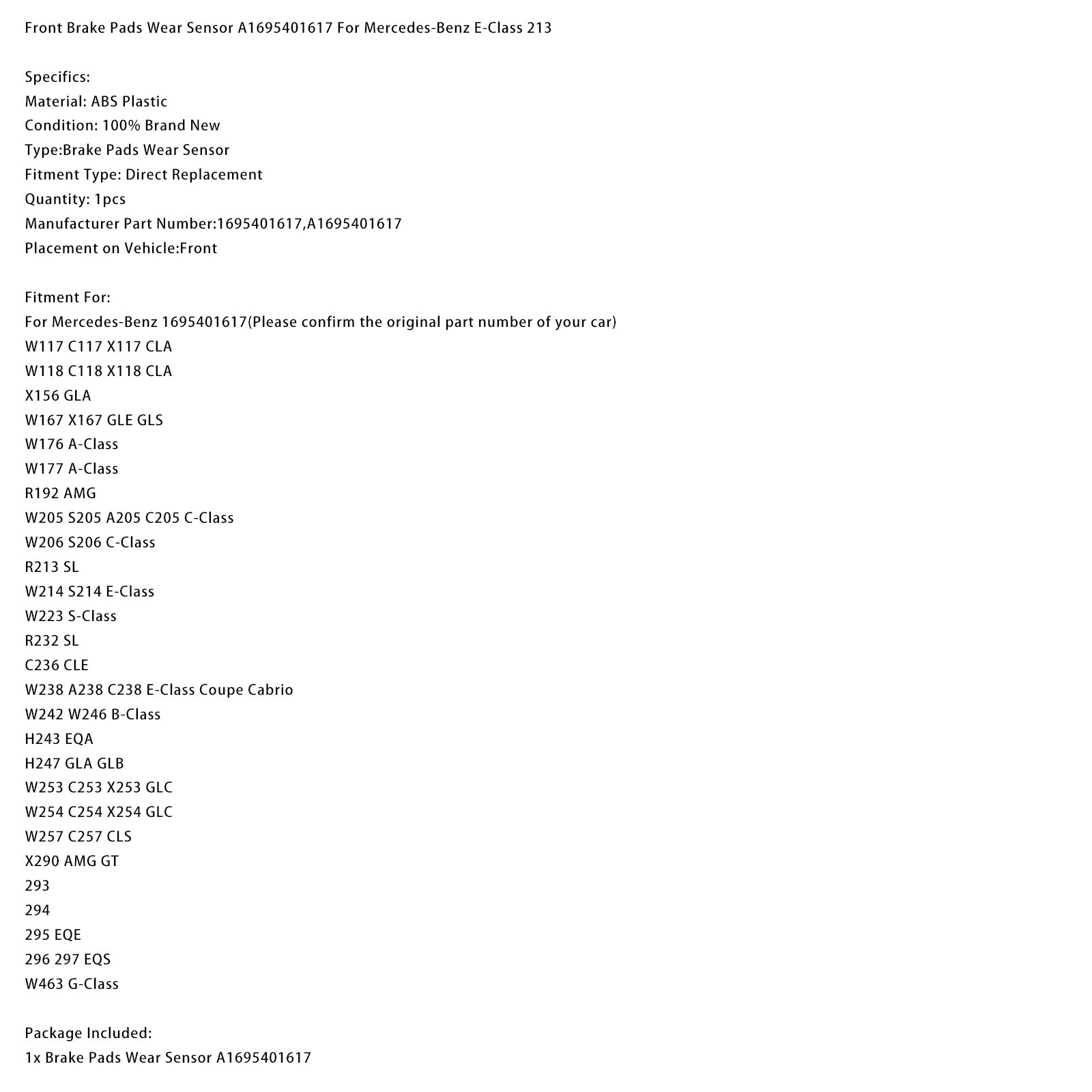 Capteur d'usure des plaquettes de frein avant A1695401617 pour Mercedes-Benz Classe E 213