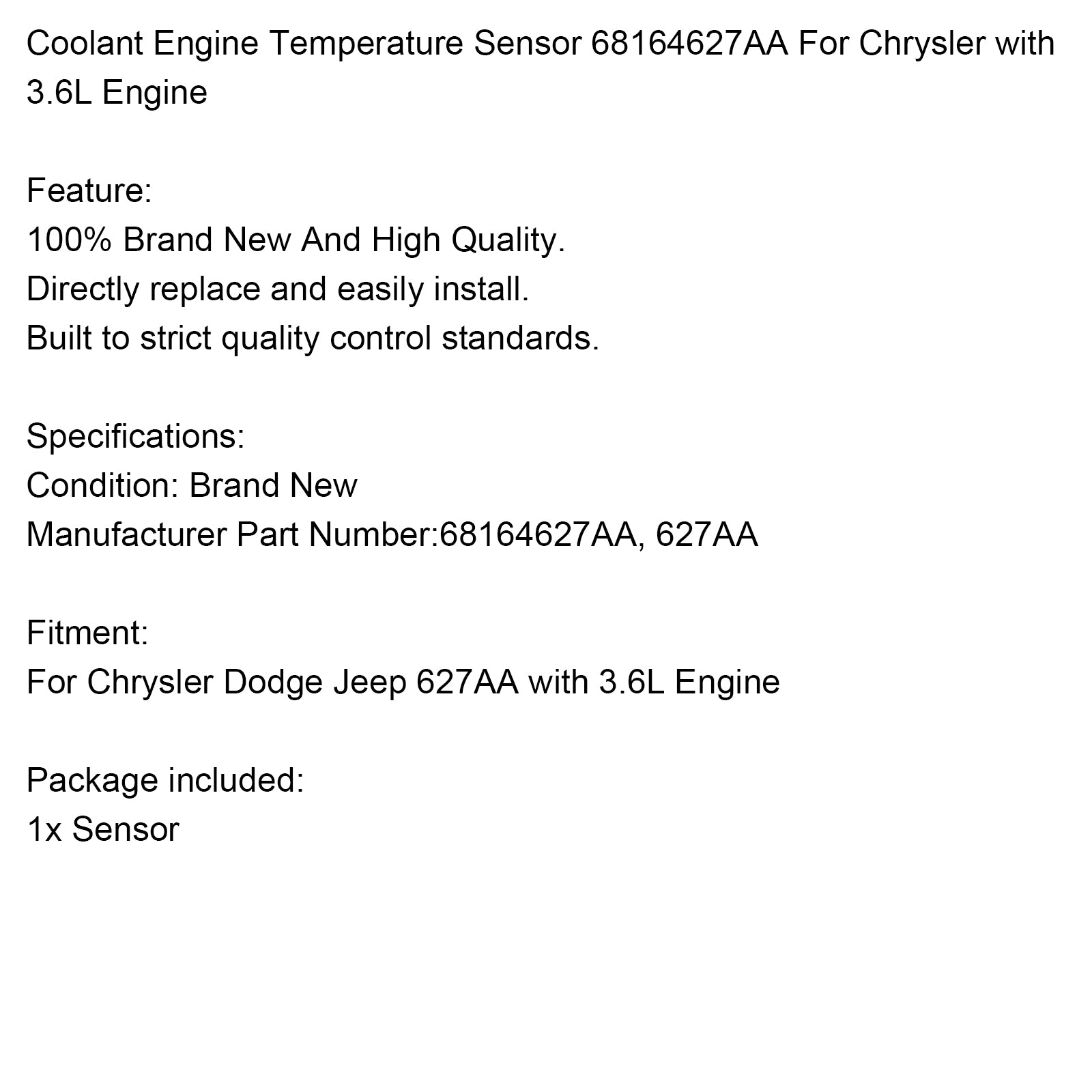 Czujnik temperatury płynu chłodzącego silnika 68164627AA dla Chryslera z silnikiem 3,6L