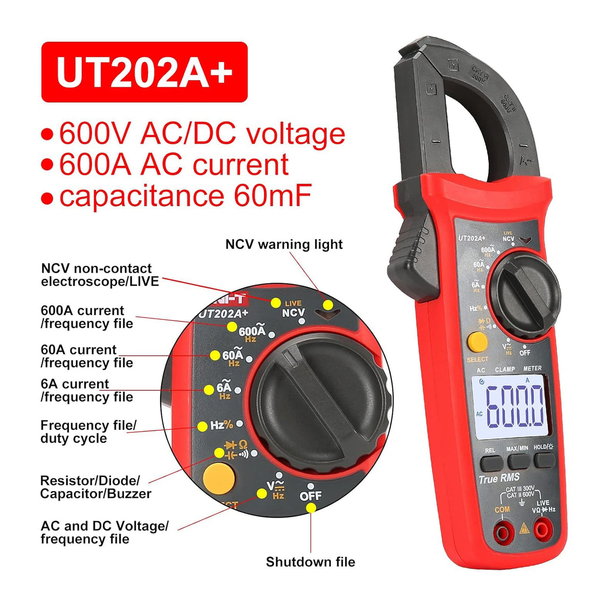 UT202A+ Digitale stroomtang, 6000 tellingen, automatische bereikselectie, True RMS-multimeter, NCV
