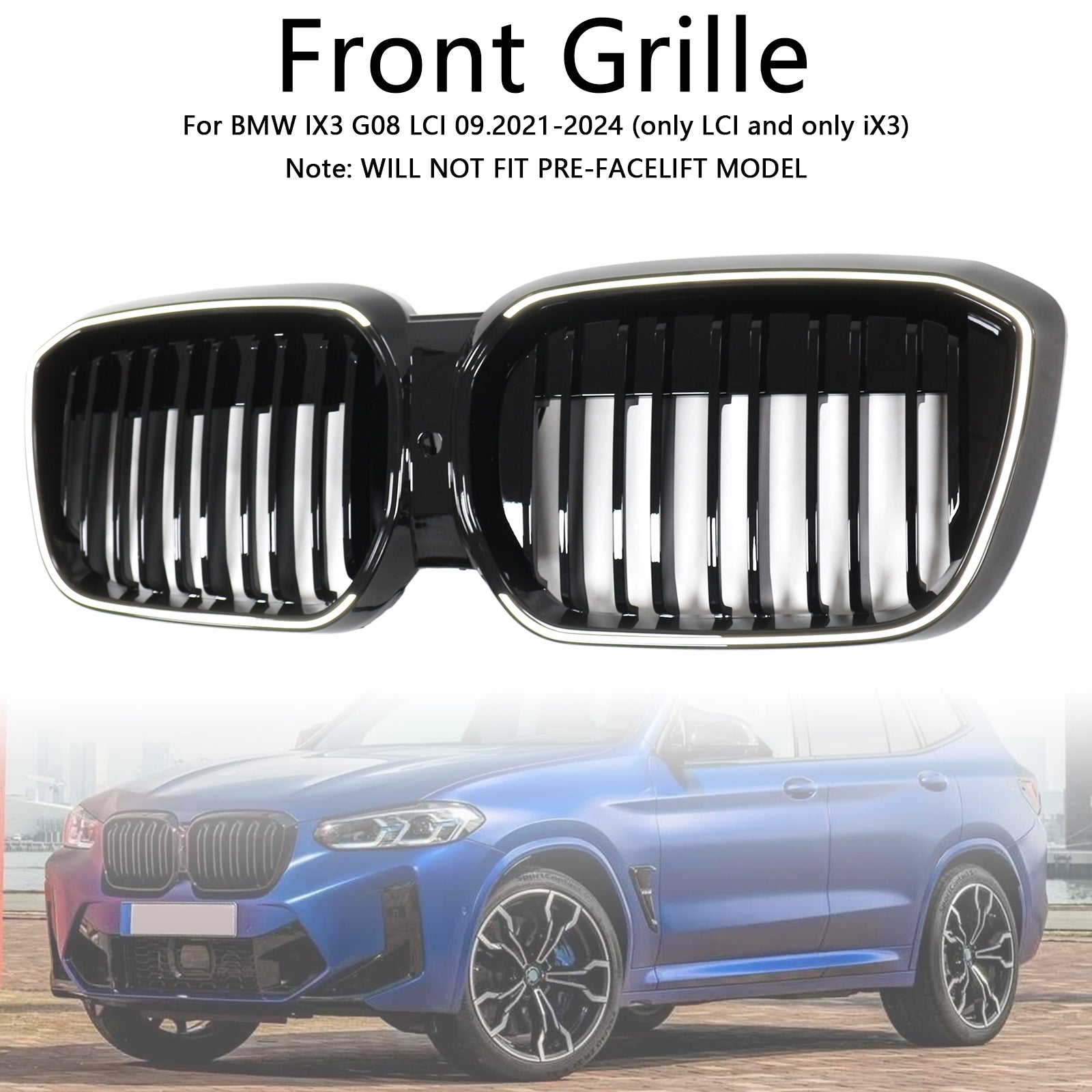 Grille de calandre avant noire brillante à double lamelles pour BMW IX3 G08 LCI 2022-2024