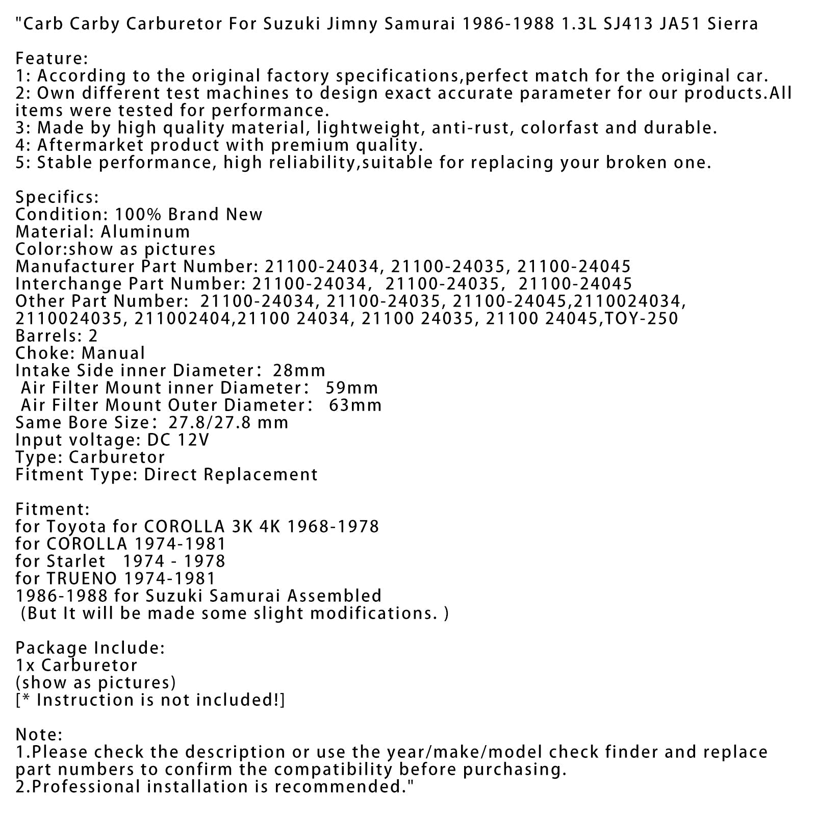 Gaźnik Toyota Starlet Carb Carby 1974-1978 21100-24034