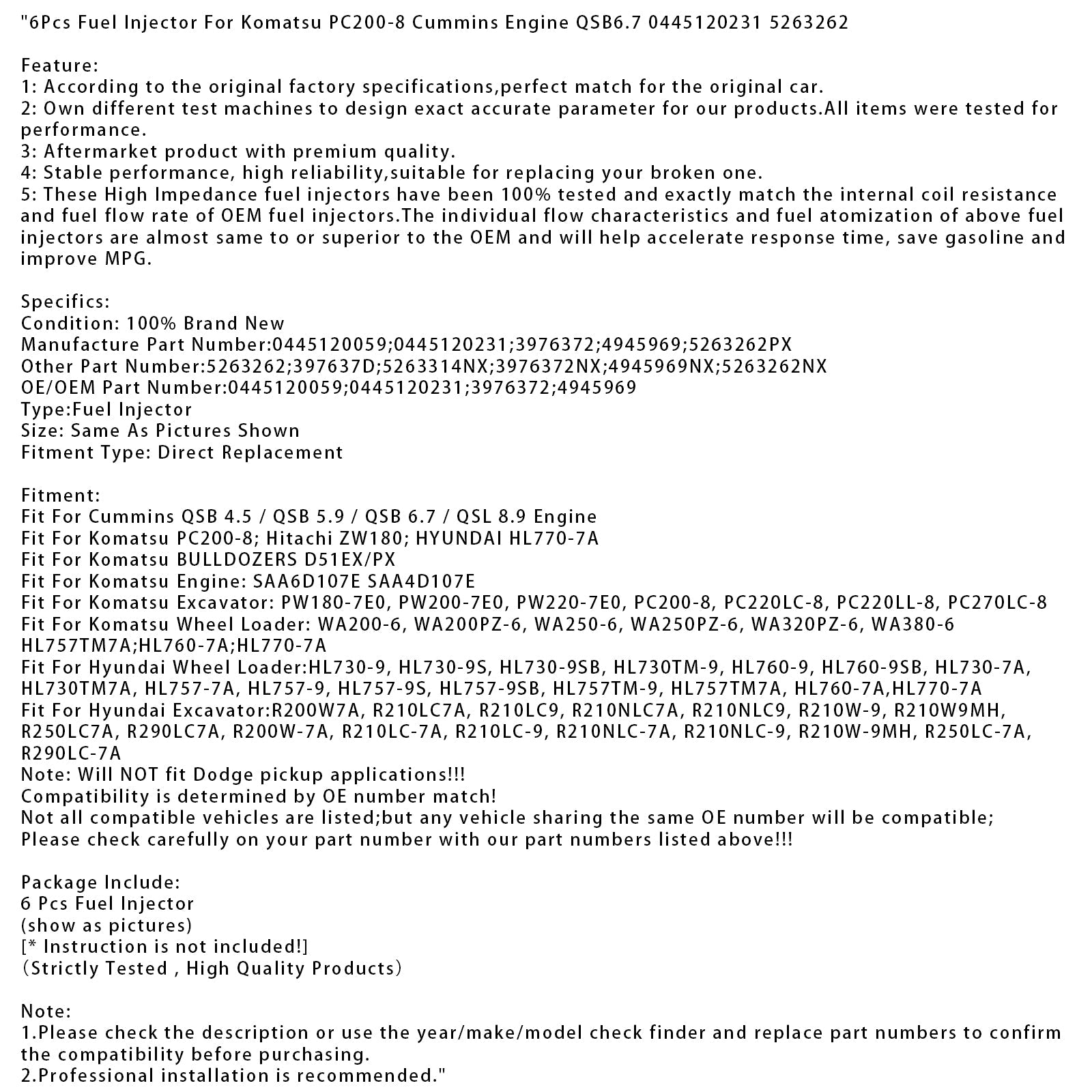 6 injecteurs de carburant pour moteur Komatsu PC200-8 Cummins QSB6.7 0445120231 5263262