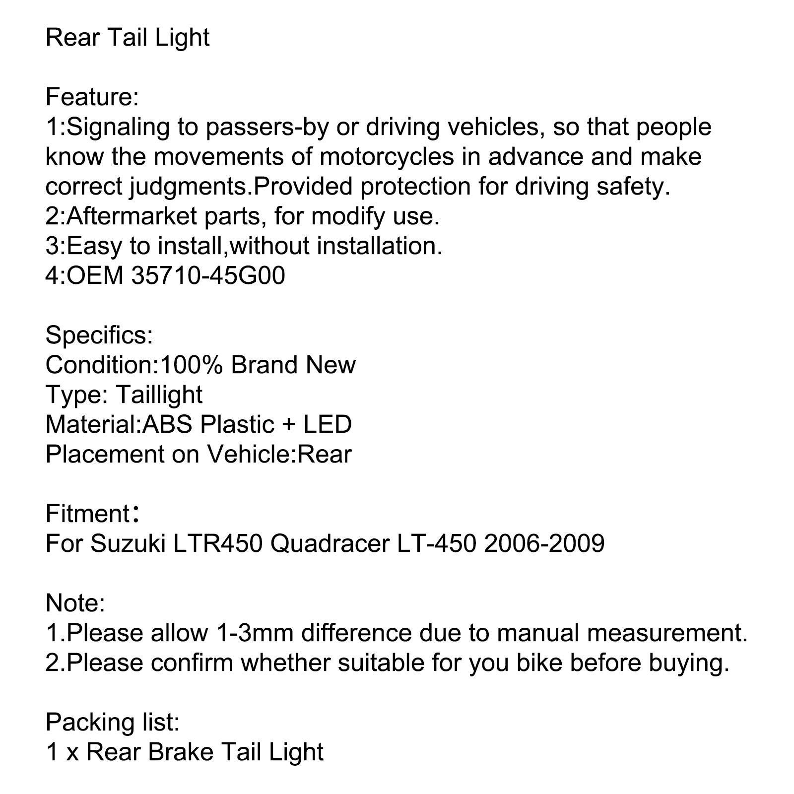 Fanale posteriore a LED per luce freno per Suzuki LTR450 LTR-450 2006-2009 Quadracer