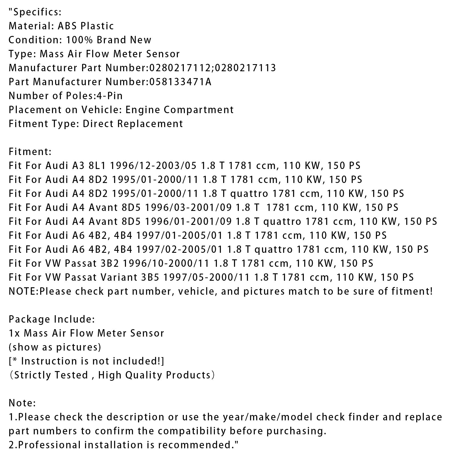 Sensore del misuratore di portata d'massa d'aria per Audi A3 A4 VW Passat 1.8T 0280217112