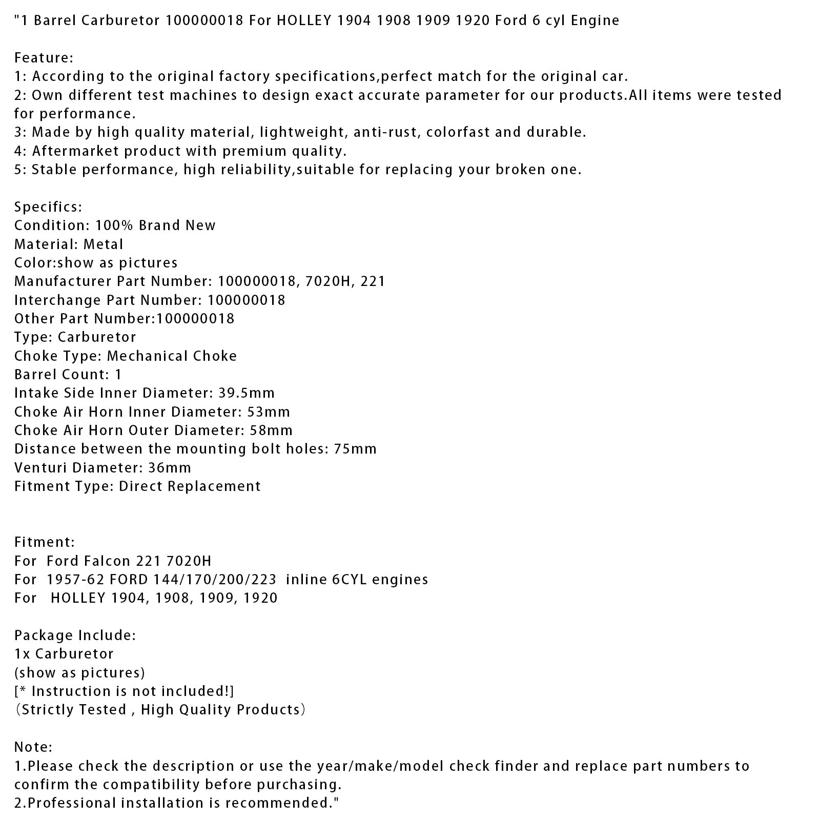 Carburateur monocylindre Ford Falcon 221 7020H 100000018