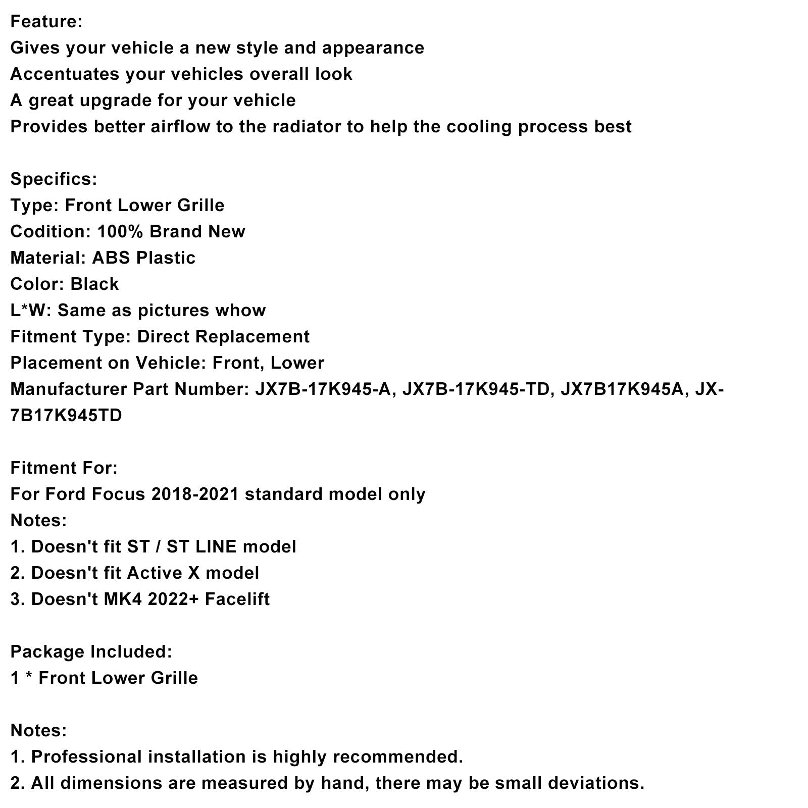 Grille de calandre inférieure de pare-chocs avant noire pour Ford Focus MK4 St Style 2018-2021