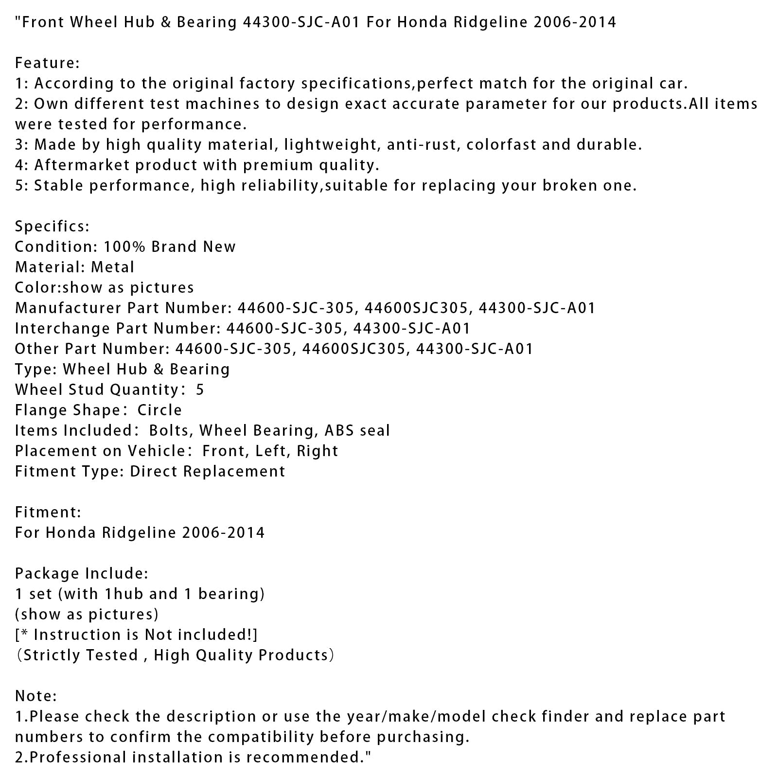 Etupyörän napa ja laakeri Honda Ridgelineen 2006-2014 (44300-SJC-A01)