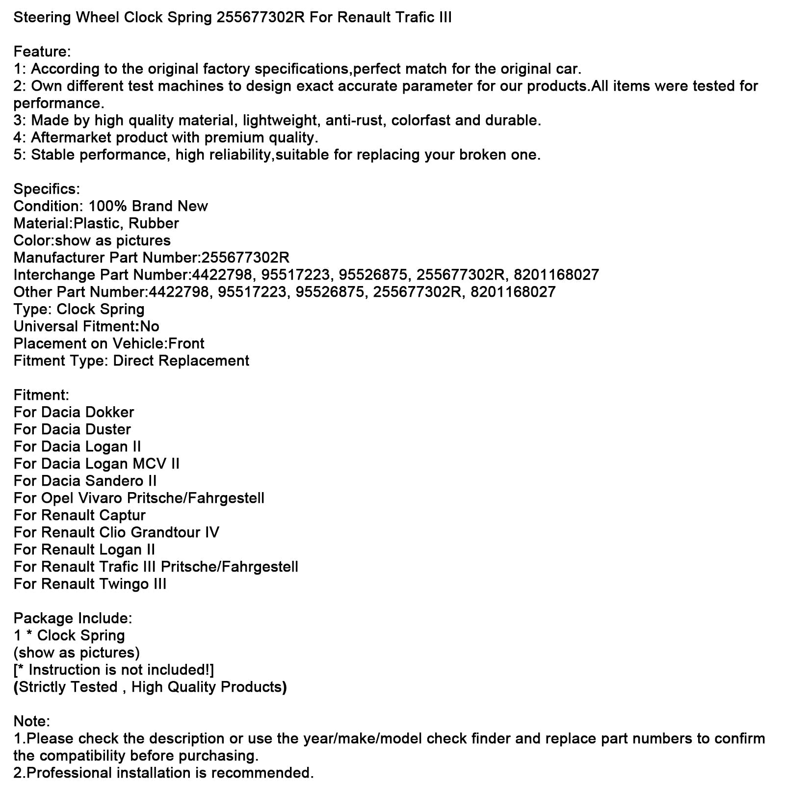 Ressort de volant 255677302R pour Renault Trafic III