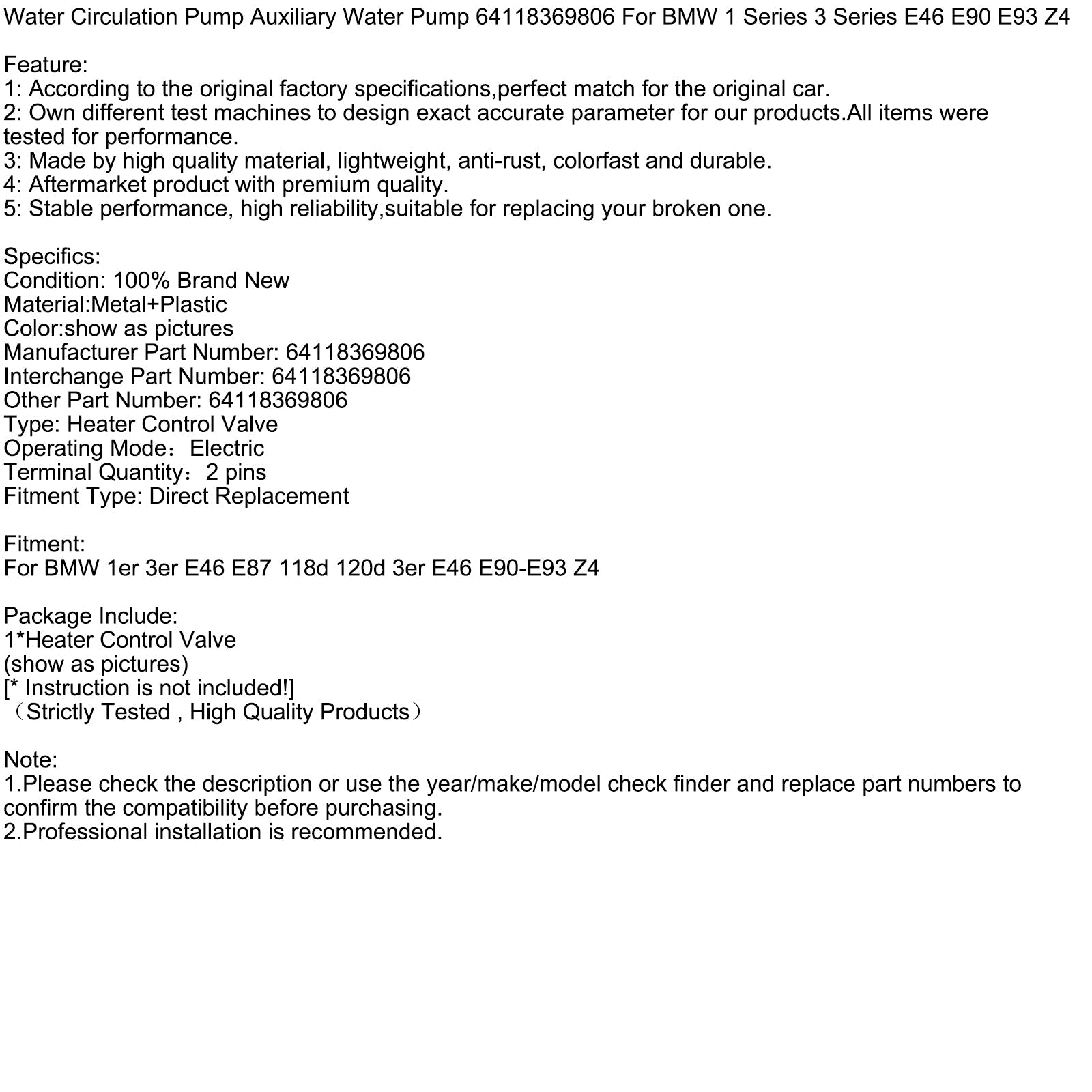 Bomba de circulación d&Agua auxiliar para BMW 1er 3er E46 E87 118d 120d 3er E46 E90-E93 Z4 64118369806