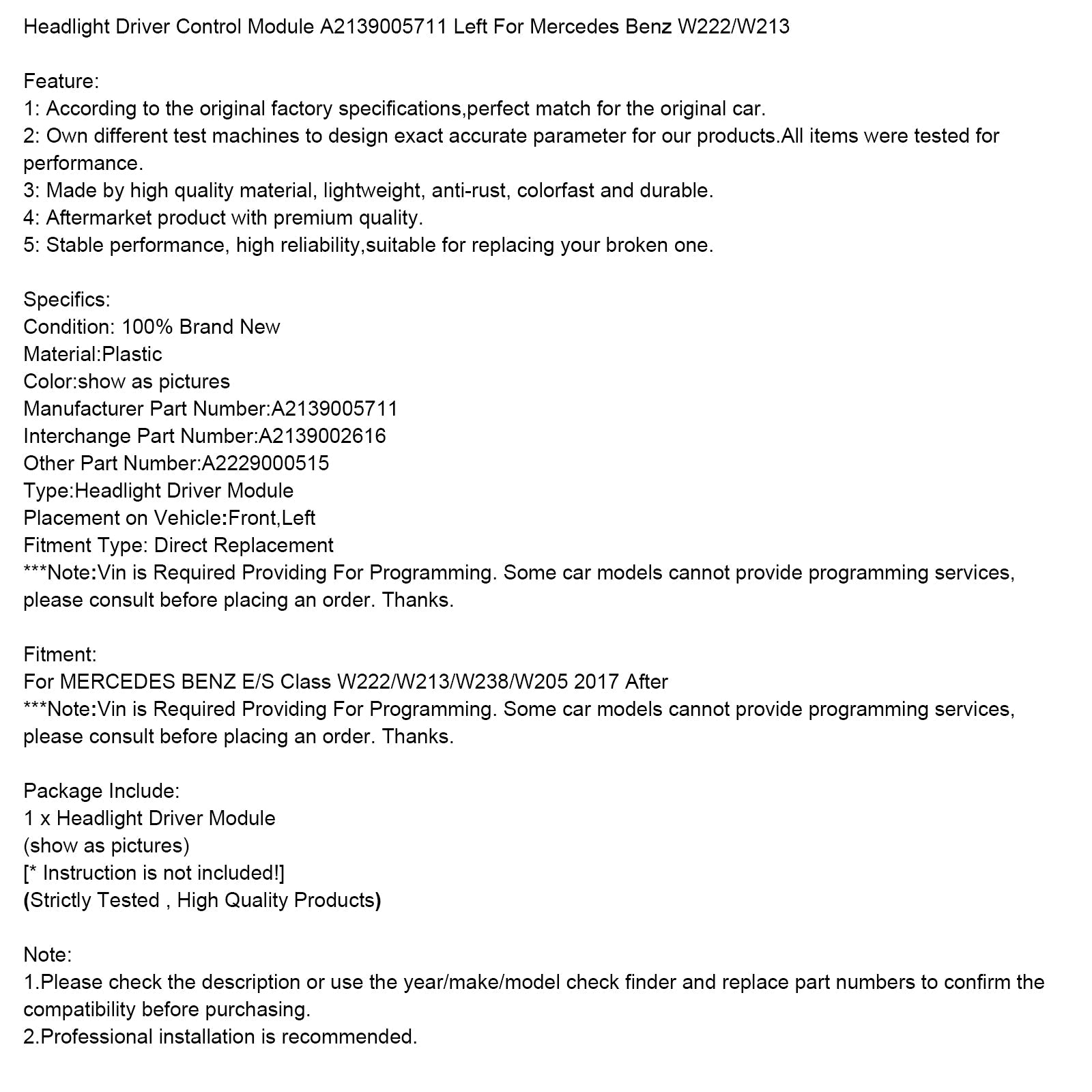 Moduł sterujący reflektorem lewym (A2139005711) do Mercedesa-Benz klasy E/S W222/W213/W238/W205 (stan na 2017 r.)