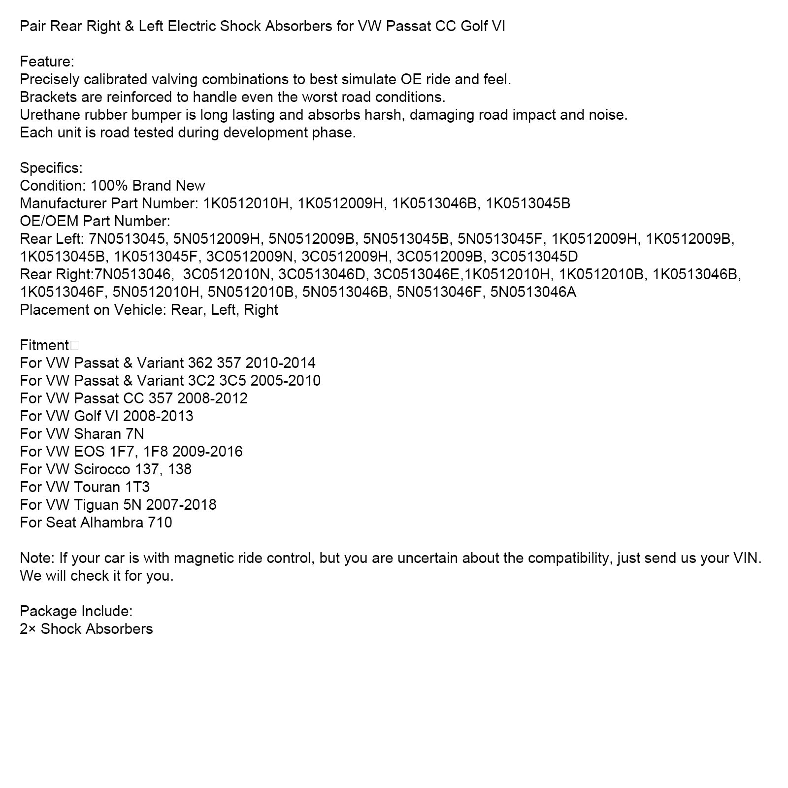 Amortisseurs Électriques Arrière Gauche & Droite - VW Touran 1T3