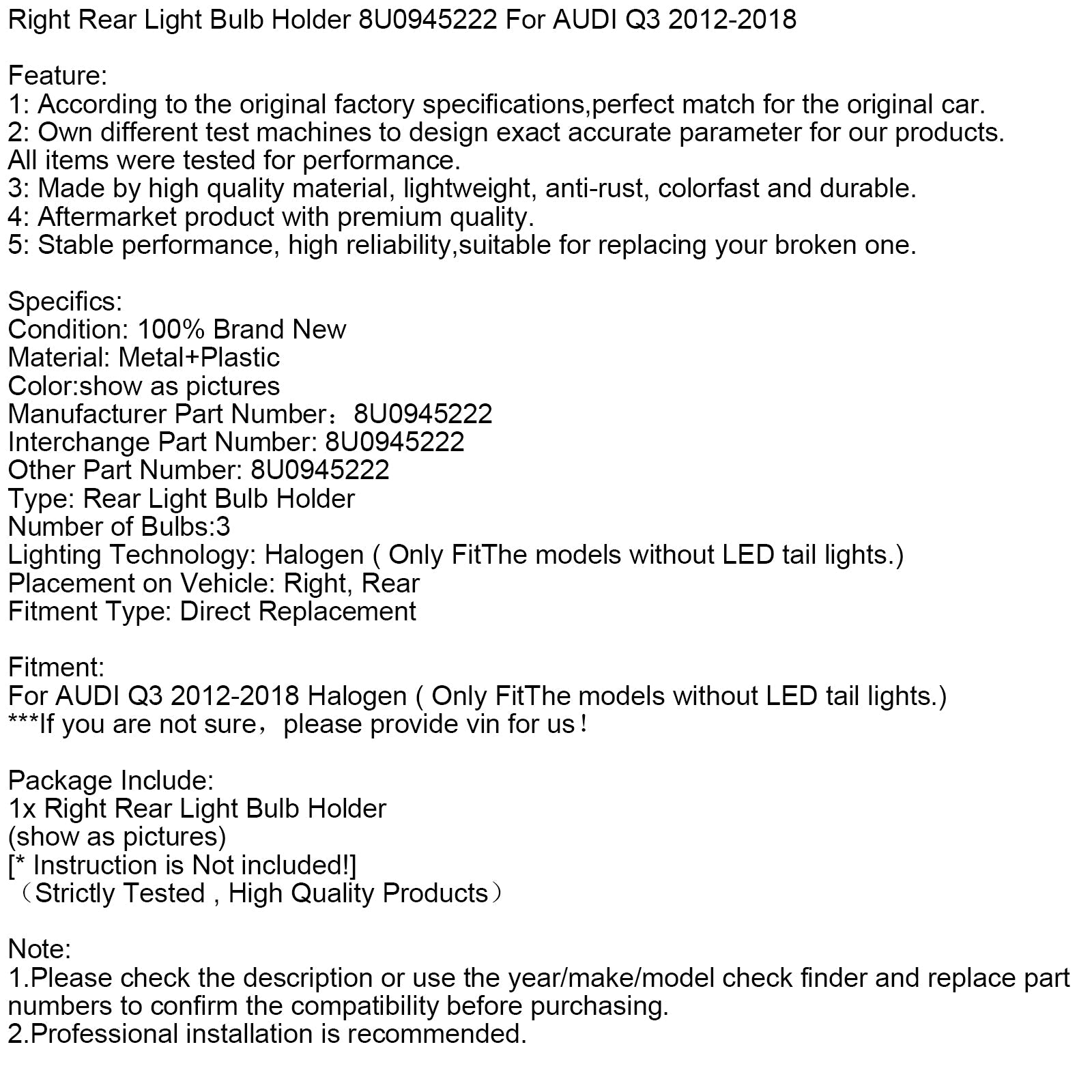 Supporto d&Lampadina luce posteriore destra AUDI Q3 2012-2018 8U0945222