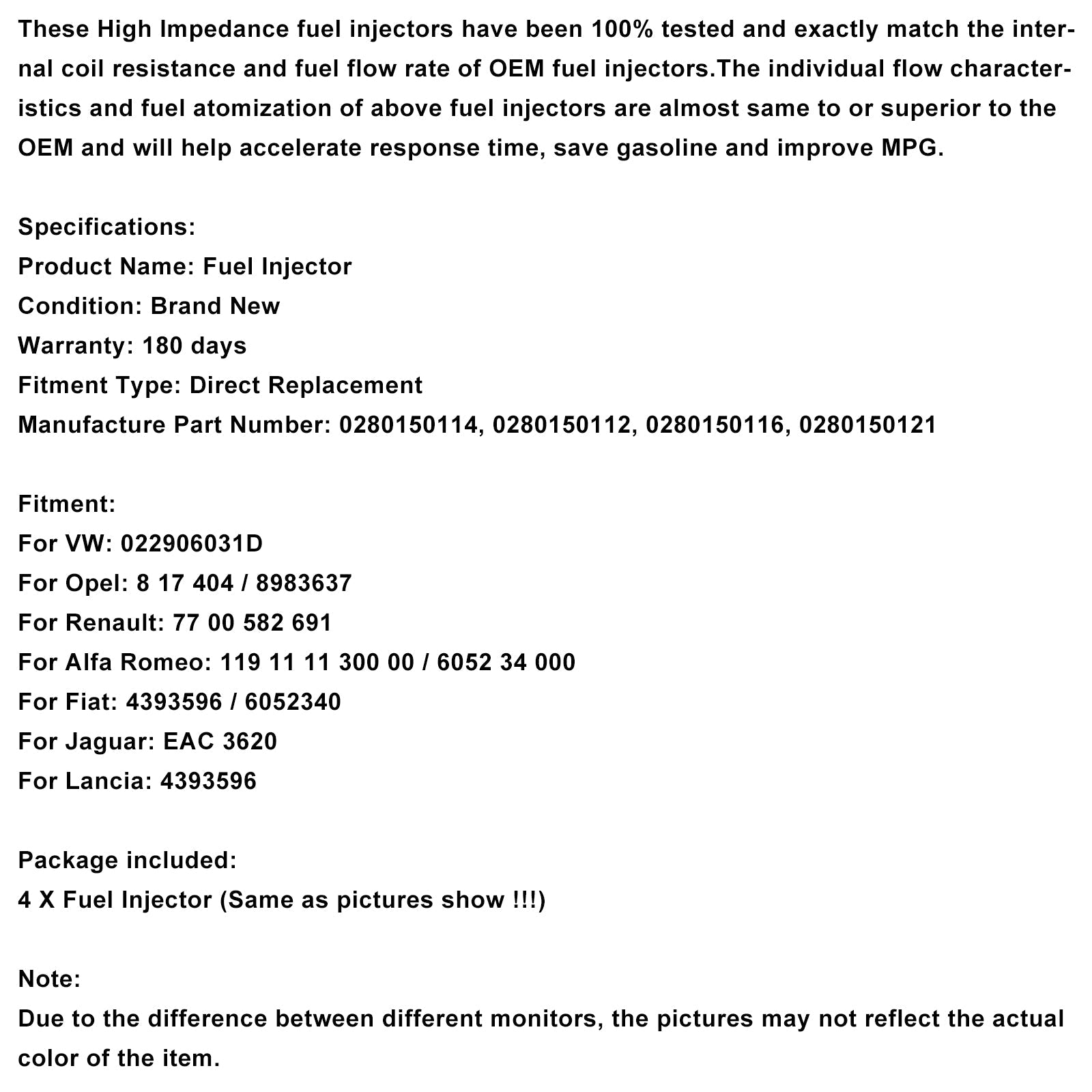 4 -Pace Paliwa Wtryskiwacz paliwa 0280150114 dla VW, Opel, Renault, Alfa Romeo