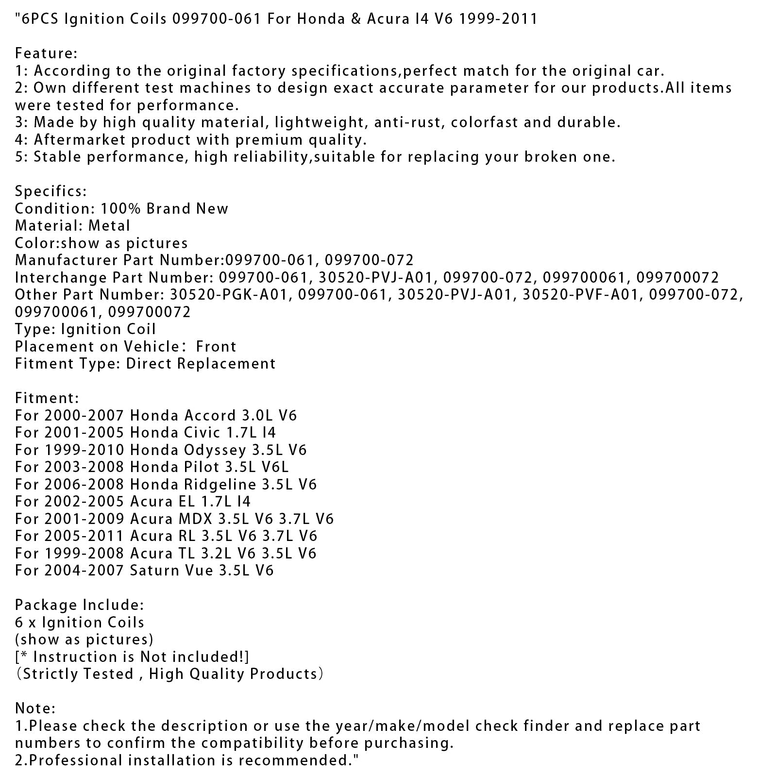 6 kosov vžigalnih tuljav za Honda Pilot 3.5L V6L 2003-2008 099700-061 099700-072