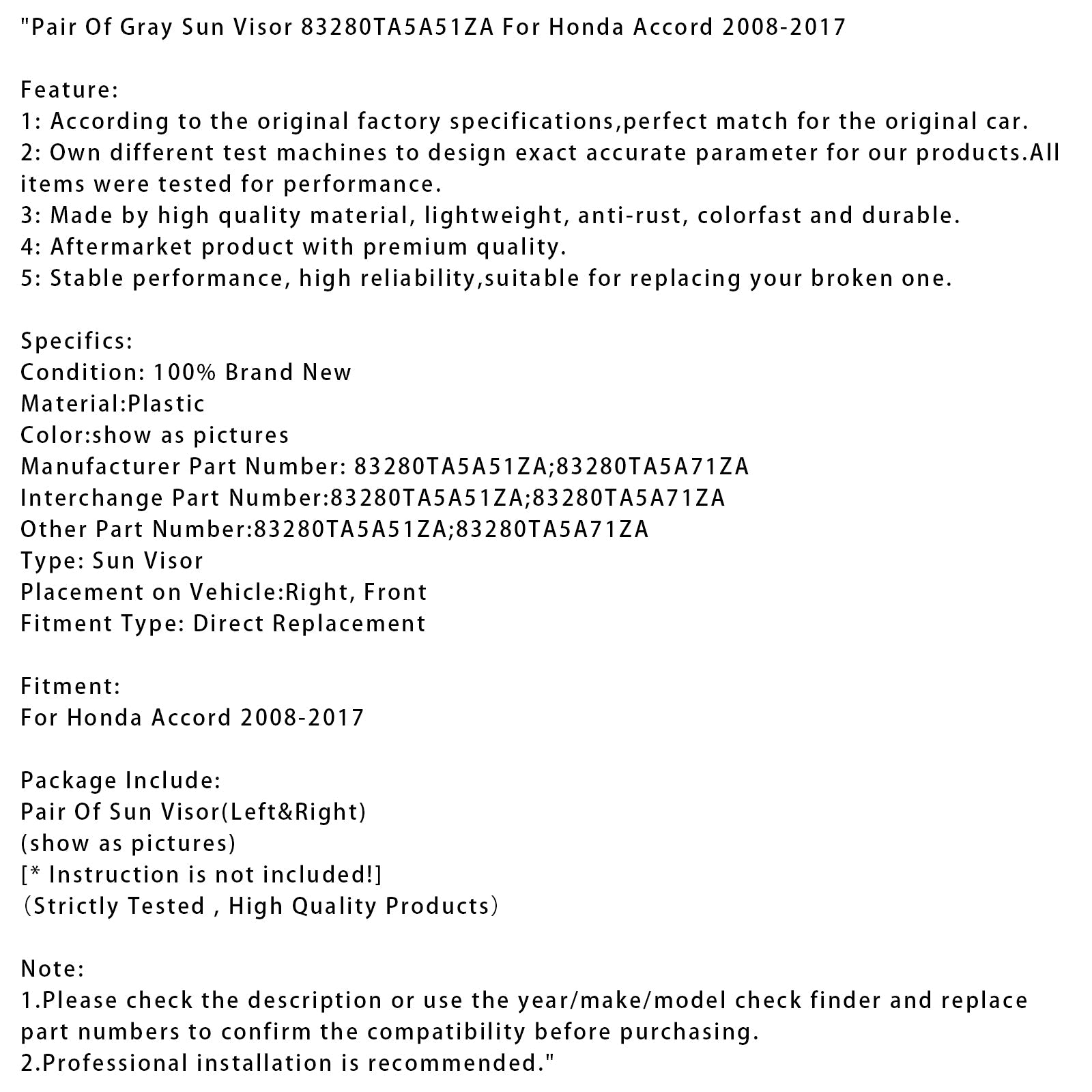 Paire de pare-soleil gris 83280TA5A51ZA pour Honda Accord 2008-2017