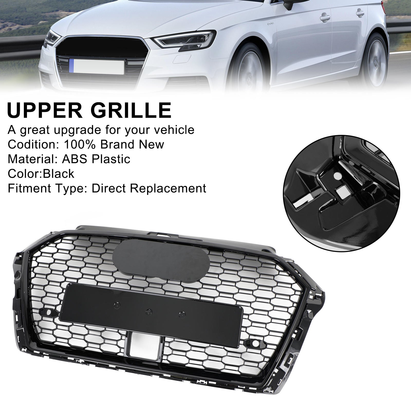 Grille avant style nid d'abeille RS3 pour Audi A3 S3 2017-2019 avec ACC, noir brillant.