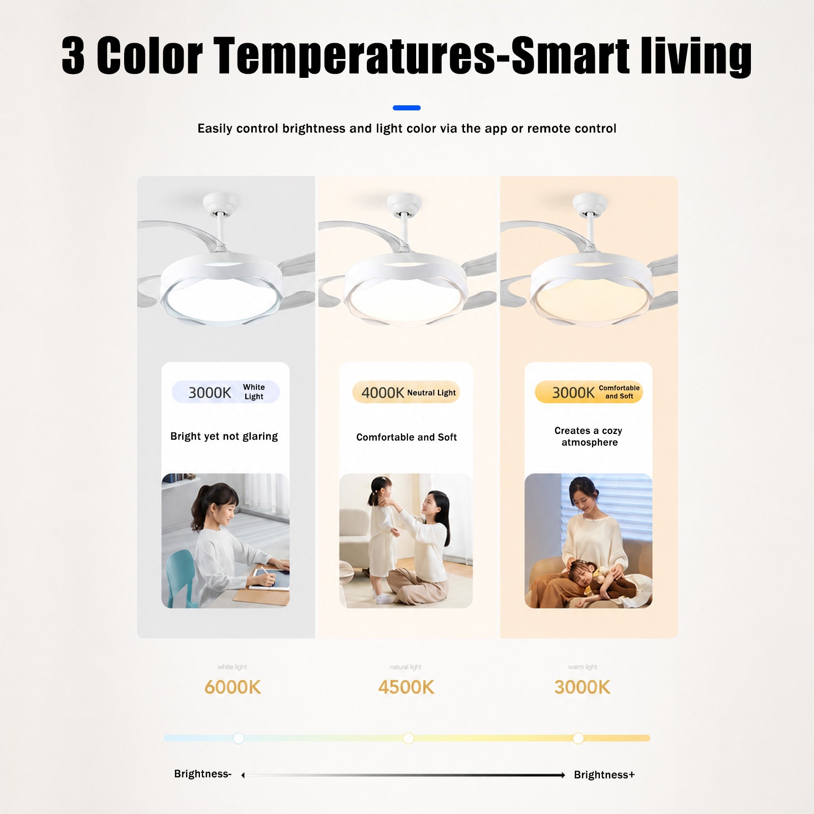 Ventilateur de Plafond Moderne 48" avec Éclairage – Pales Transparentes Rétractables, 6 Vitesses, 35 W, Contrôle par Application