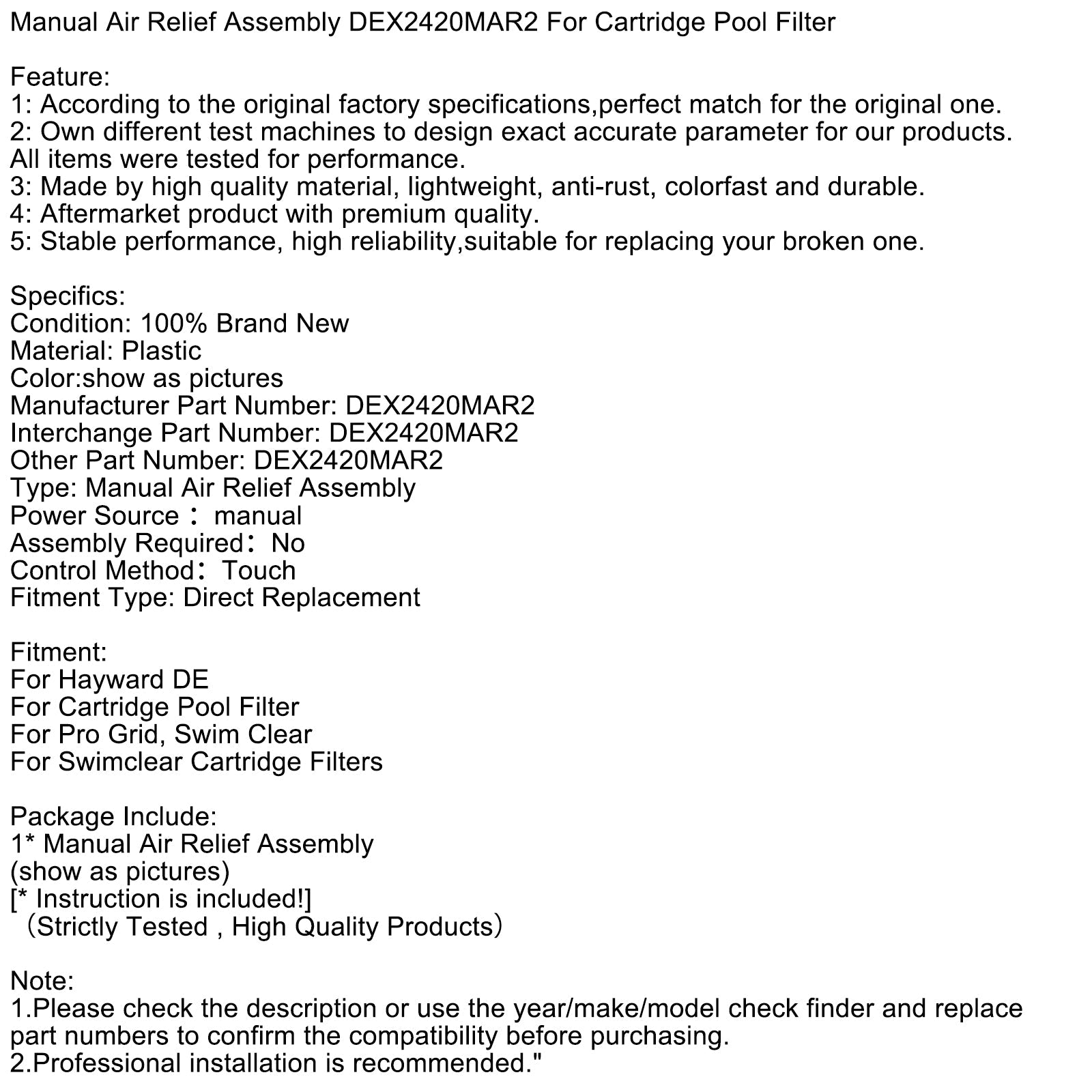 DEX2420MAR2 Zespół ręcznego odpowietrzania filtra basenowego z wkładem
