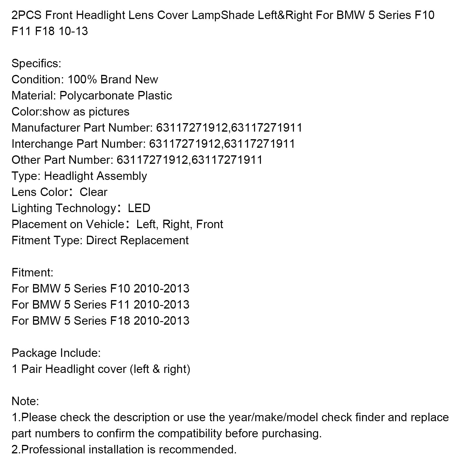 Headlight lid front left and right for BMW 5 F10 F11 F18 2010-2013 63117271912 631172719111111111111111111111111111111111111111111