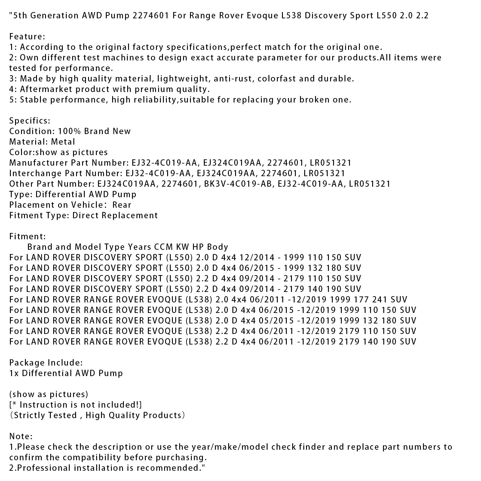 Pompe de transmission intégrale 5e génération 2274601 pour Range Rover Evoque L538 Discovery Sport