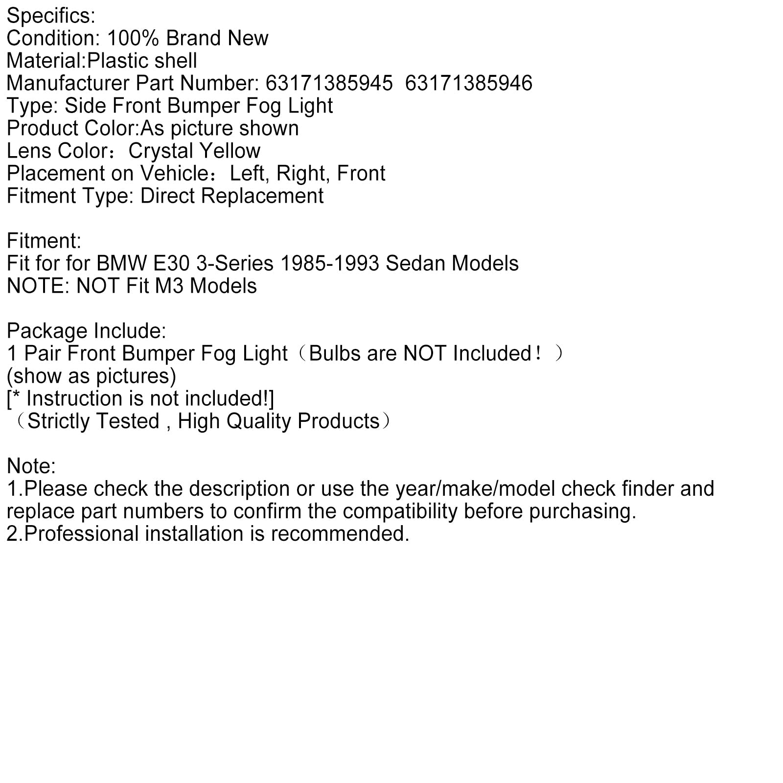 Coppia di luci della nebbia sinistra e destra anteriore senza lampadine per la BMW 3 Serie E30 1985-1993
