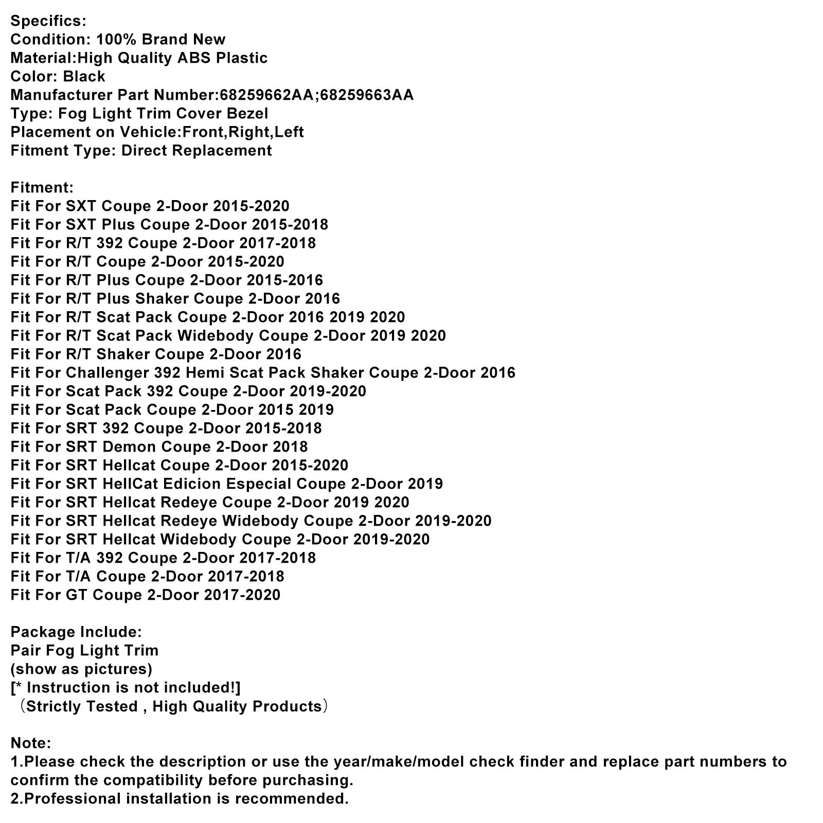 Paire de garnitures de phares antibrouillard avant pour Dodge Challenger 2015-2021 68259662AA