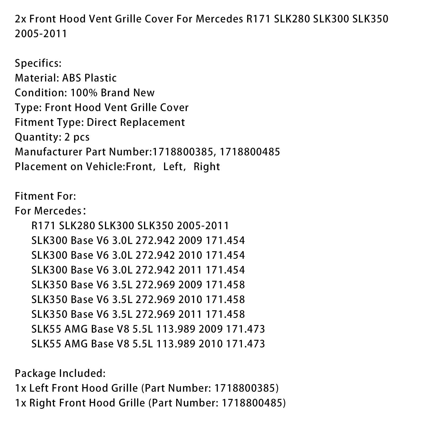 2 kosa prezračevalna rešetka sprednjega pokrova za Mercedes R171 SLK280 SLK300 SLK350 2005-2011
