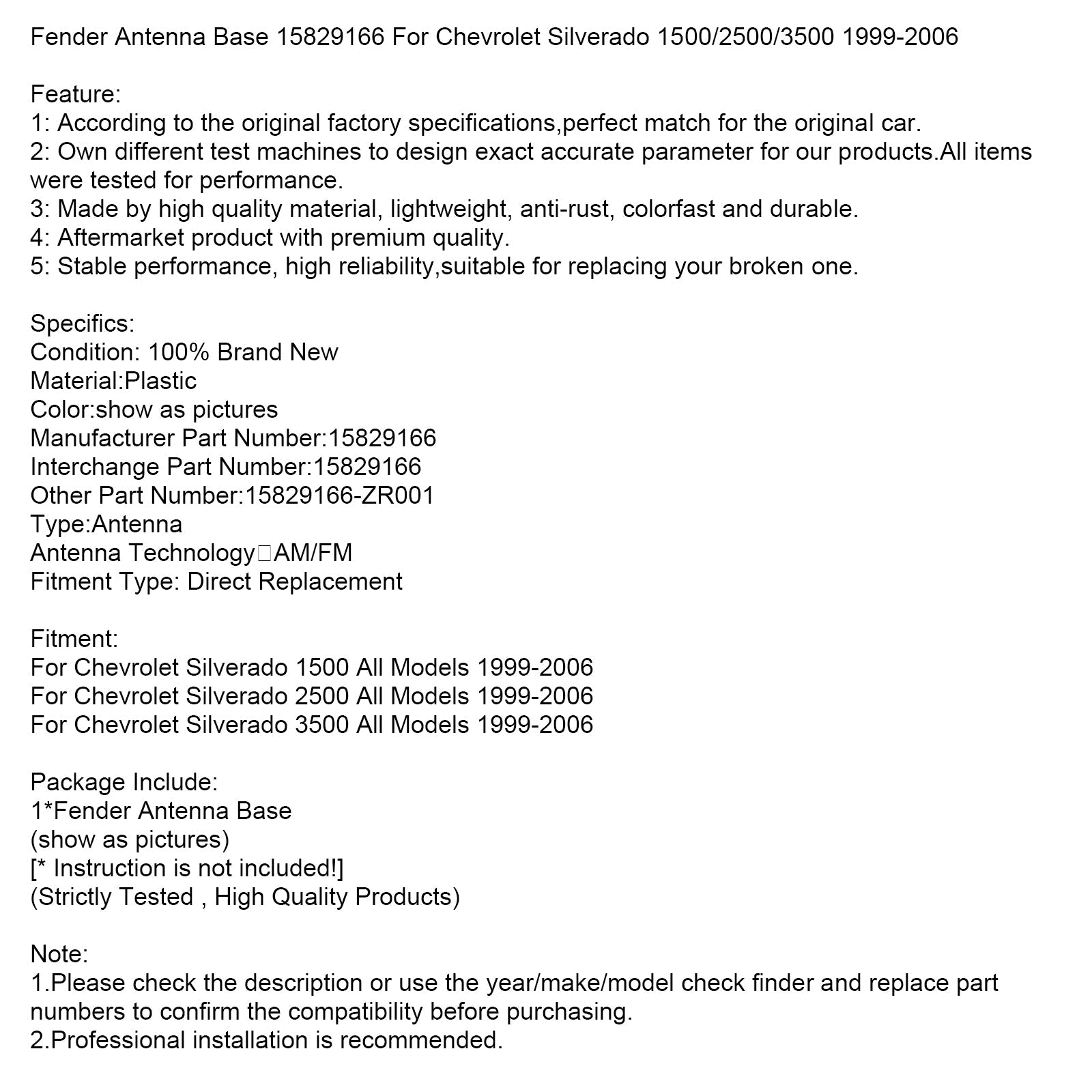 Embase d'antenne d'aile 15829166 pour Chevrolet Silverado 1500/2500/3500 1999-2006