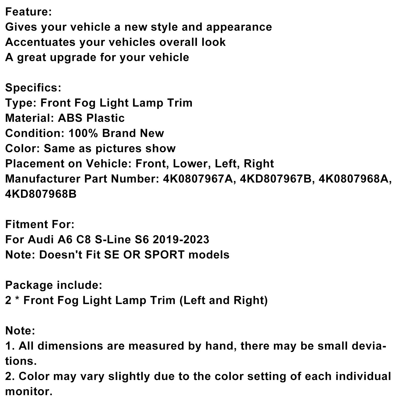 2019-2023 Audi A6 C8 S-line S6 2 sztuki Udekorowanie przeciwgrzeźbowych świateł mgły