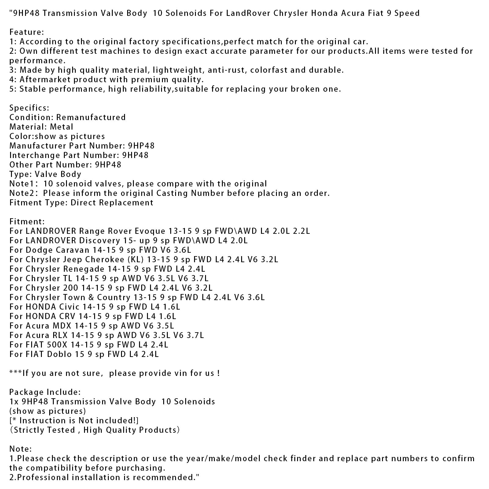 Chrysler Town &2013-2015 Country &amp; Front-Wheel Drive, silniki rzędowe 4-cylindrowe 2,4 l i 3,6 l V6, skrzynia biegów 9HP48, blok zaworów z 10 elektrozaworami, 9-biegowa